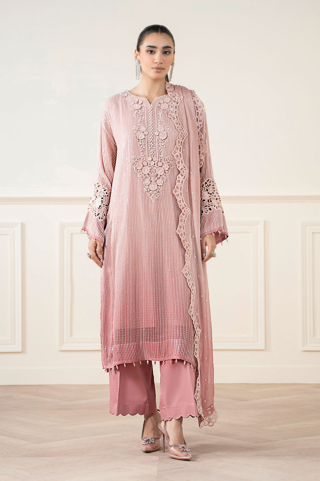 Maria B | Pre Fall Dresses | 3 Piece Embroidered Chiffon Suit Pink - House Of Hania
