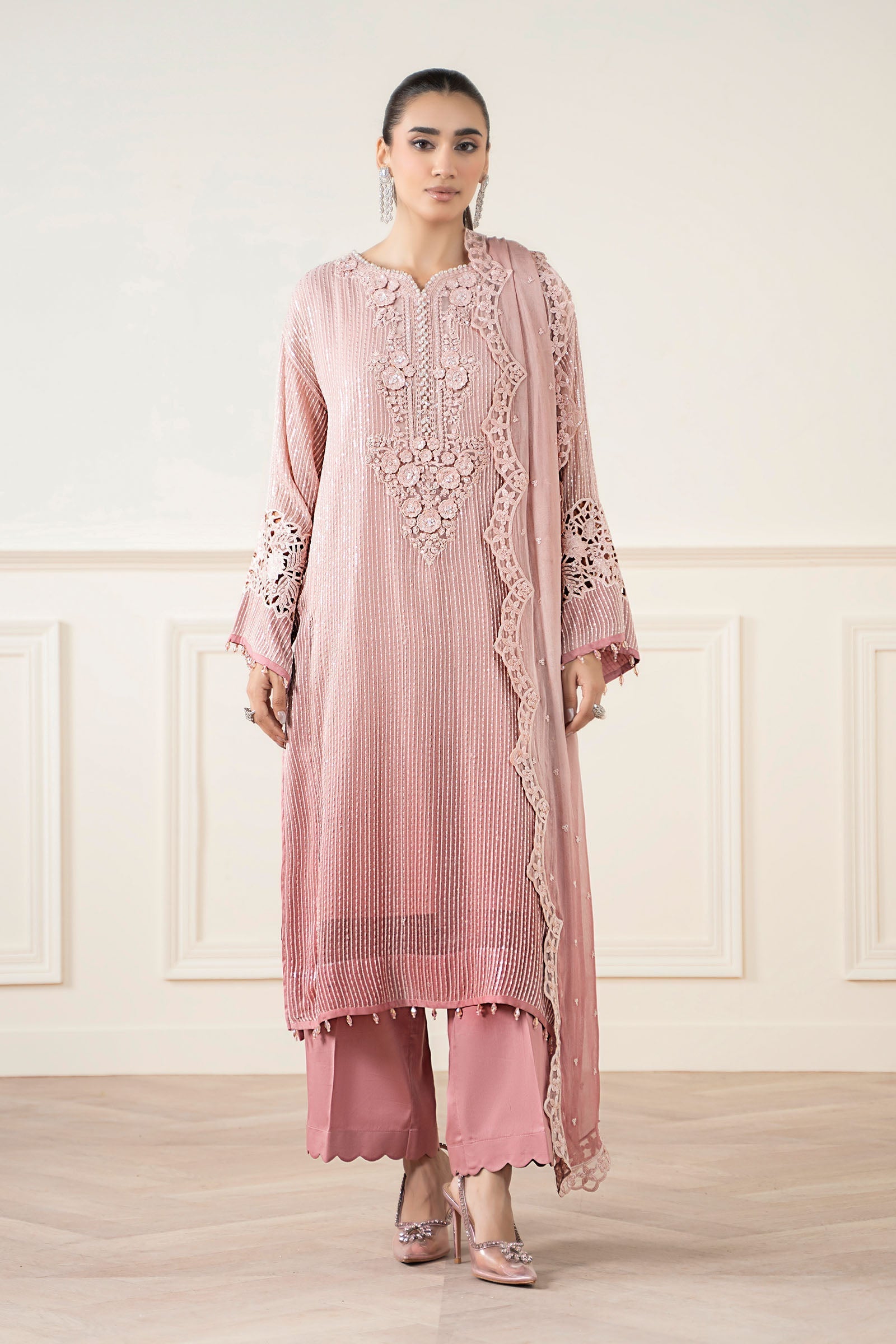 Maria B | Pre Fall Dresses | 3 Piece Embroidered Chiffon Suit Pink - House Of Hania