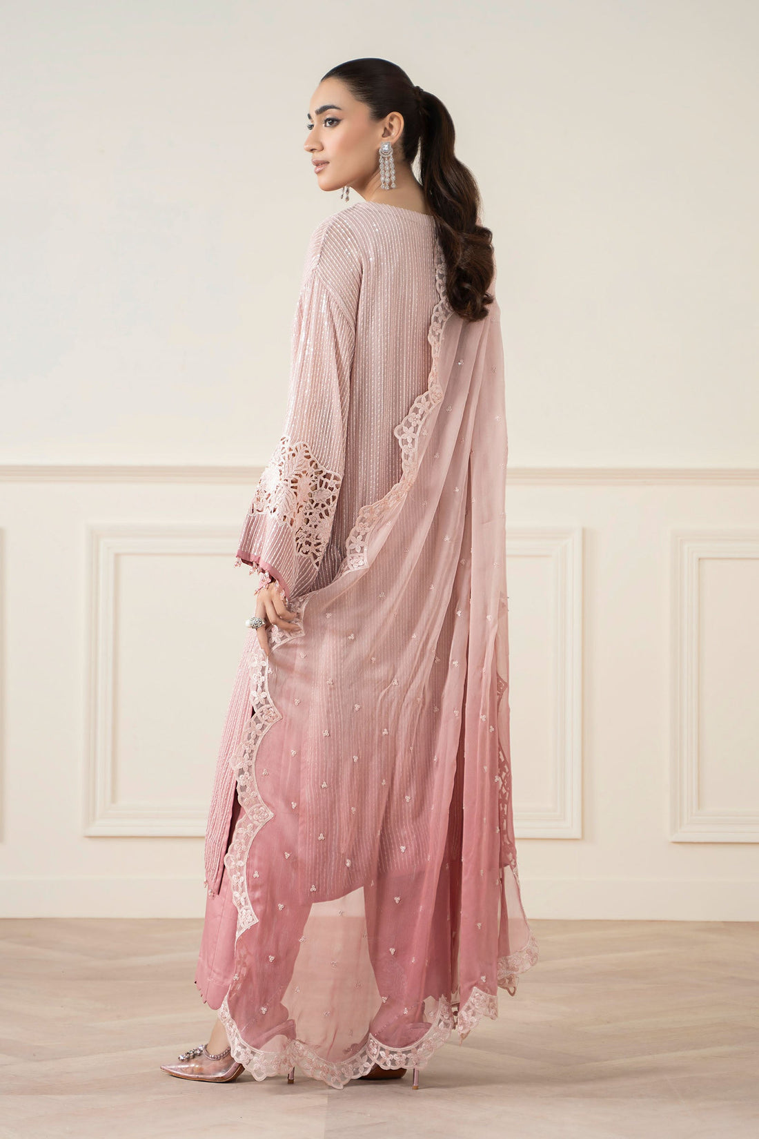 Maria B | Pre Fall Dresses | 3 Piece Embroidered Chiffon Suit Pink - House Of Hania