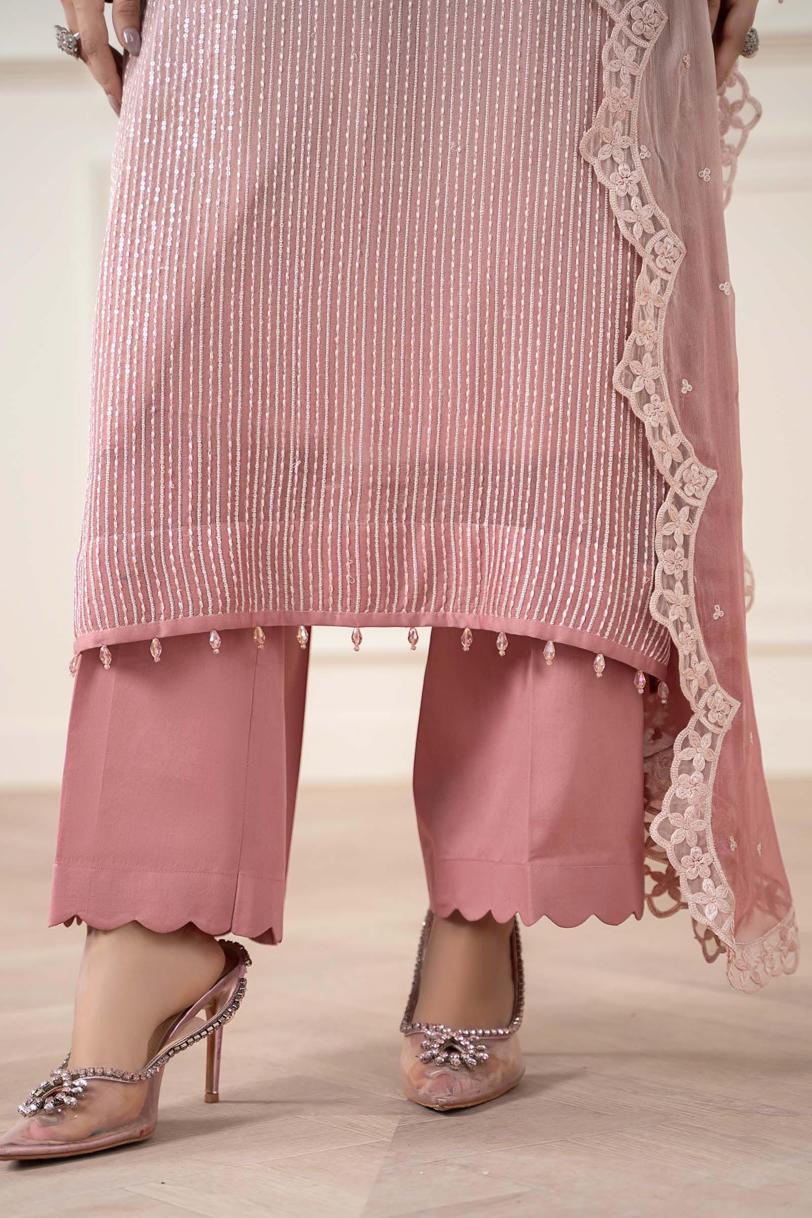 Maria B | Pre Fall Dresses | 3 Piece Embroidered Chiffon Suit Pink - House Of Hania