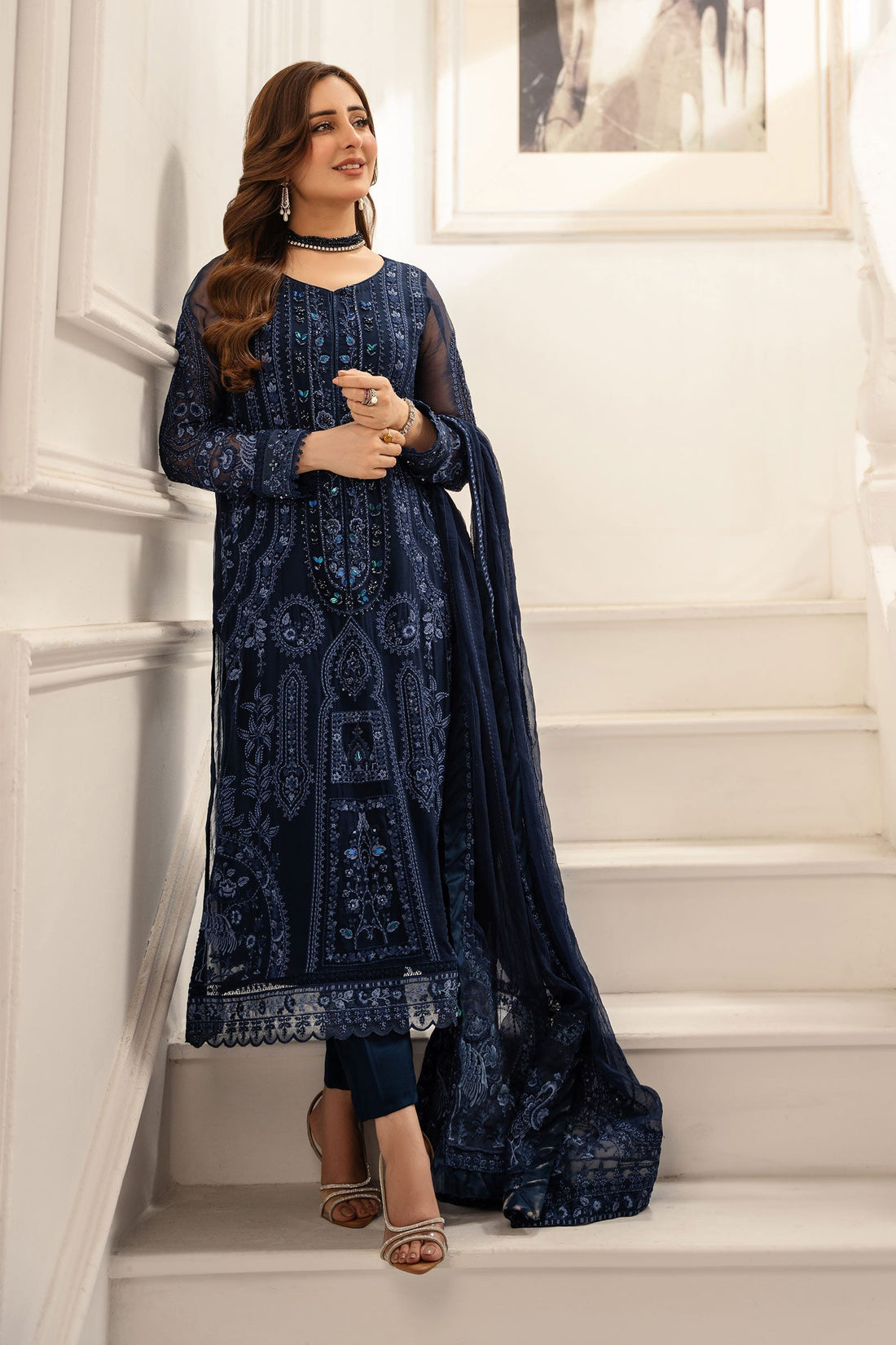 Maria B | Pre Fall Dresses | 3 Piece Embroidered Chiffon Suit RR - House Of Hania