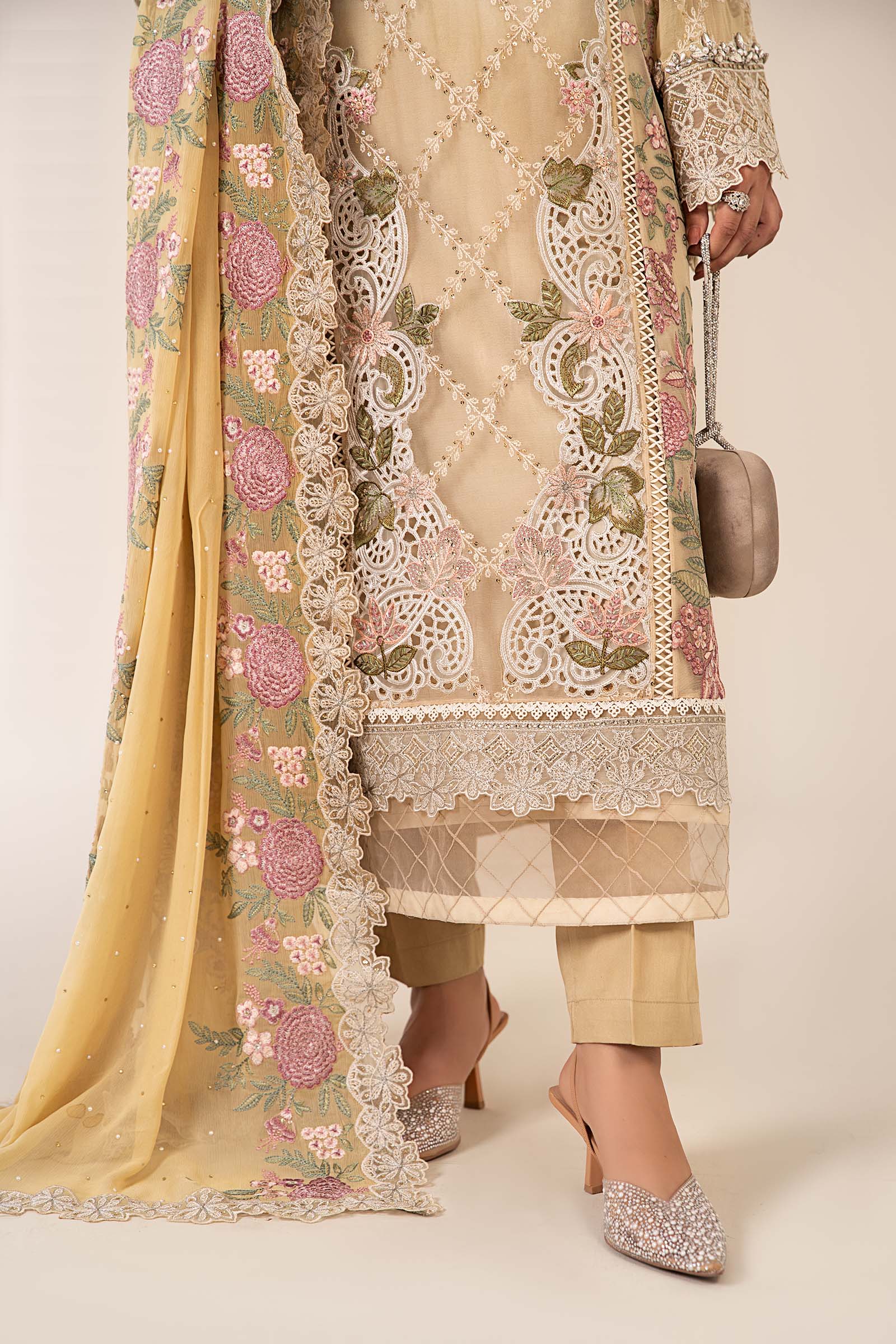 Maria B | Pre Fall Dresses | 3 Piece Embroidered Chiffon Suit Yellow - House Of Hania