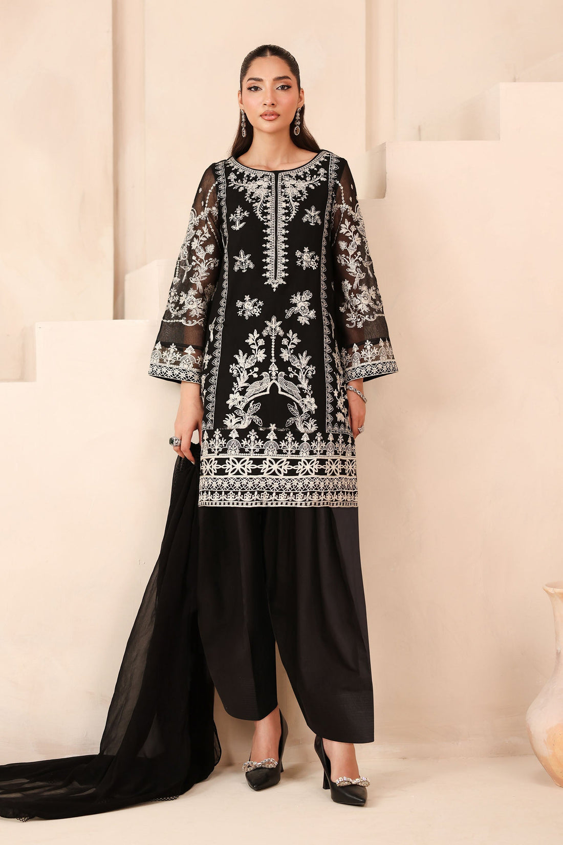 Maria B | Pre Fall Dresses | 3 Piece Embroidered Cotton Net Suit Black - House Of Hania