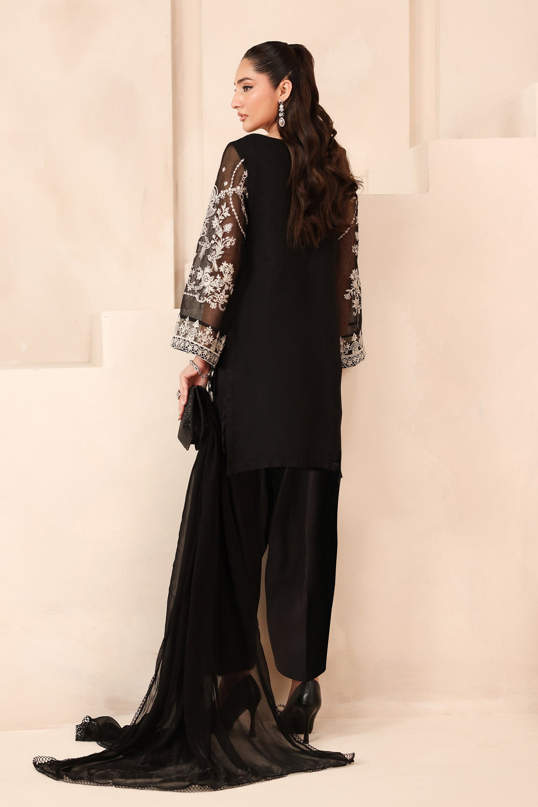 Maria B | Pre Fall Dresses | 3 Piece Embroidered Cotton Net Suit Black - House Of Hania