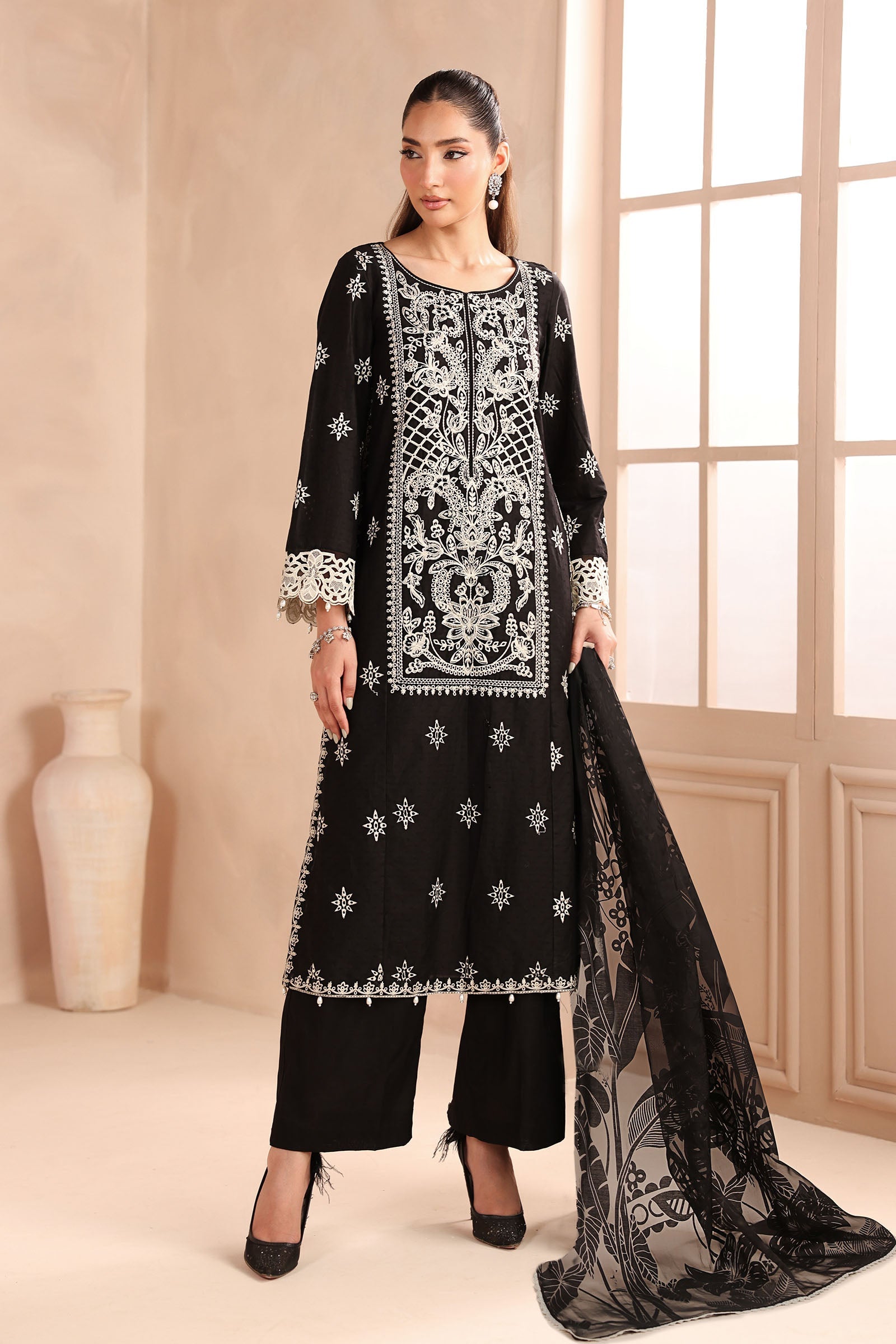Maria B | Pre Fall Dresses | 3 Piece Embroidered Dobby Suit Black - House Of Hania