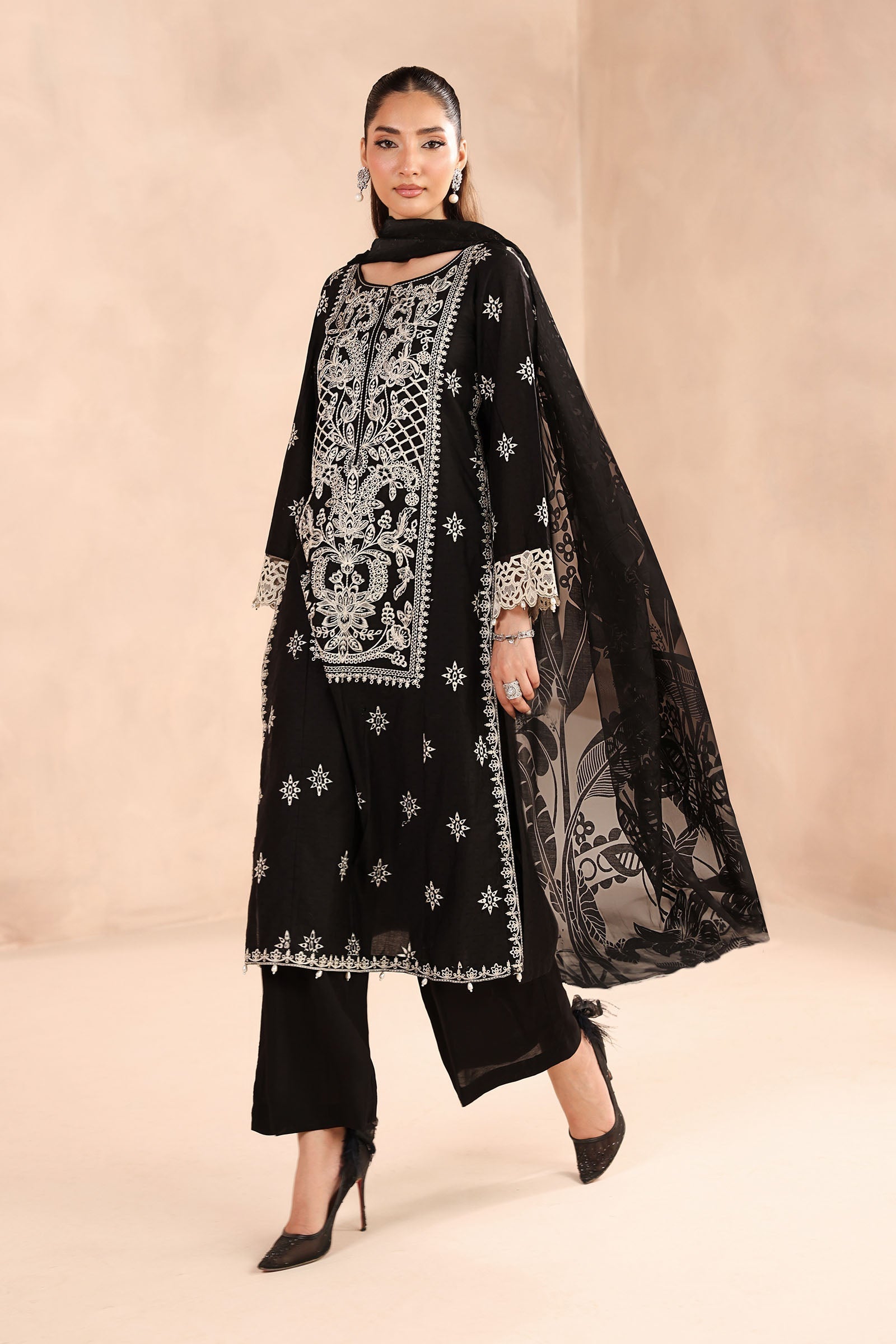 Maria B | Pre Fall Dresses | 3 Piece Embroidered Dobby Suit Black - House Of Hania