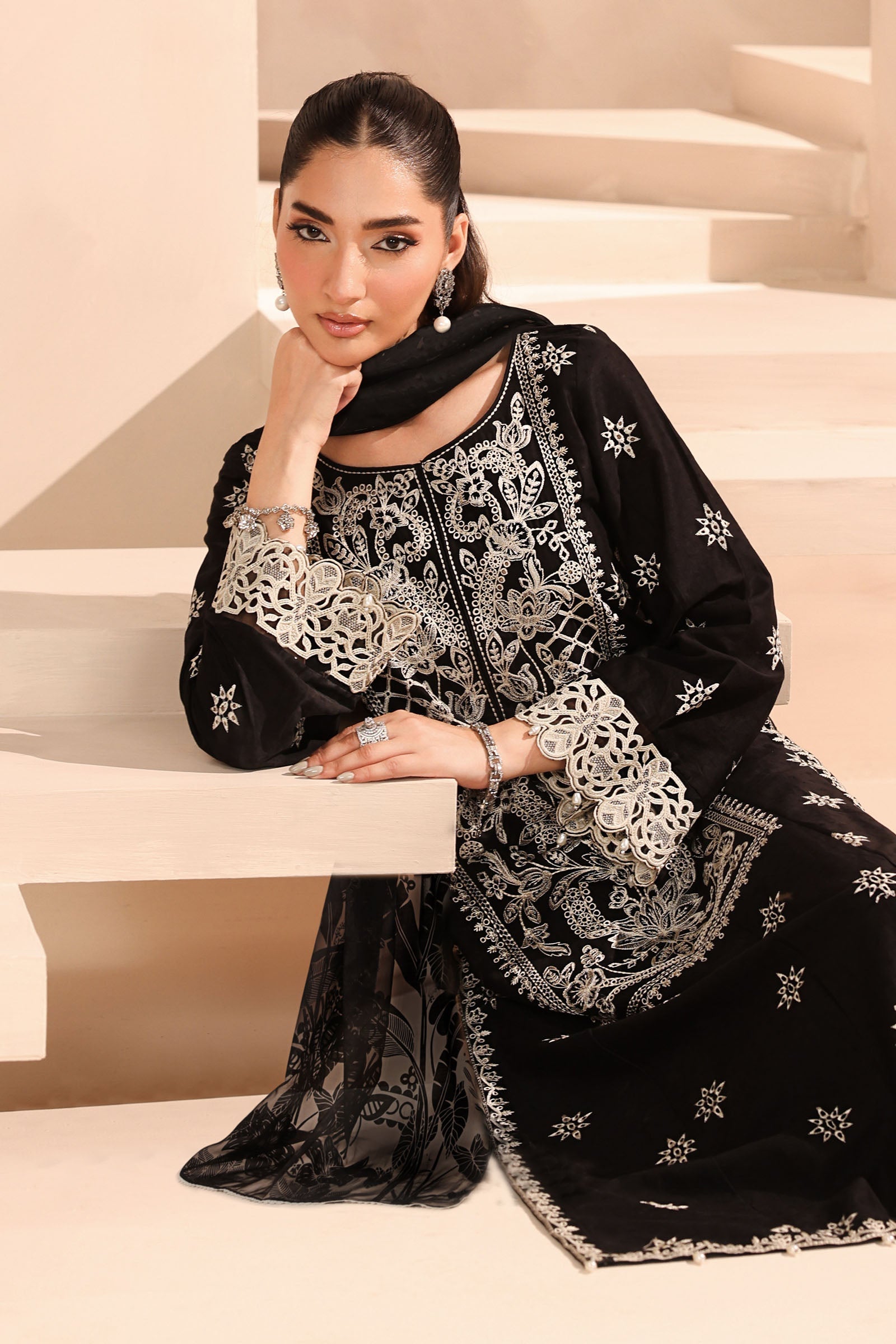Maria B | Pre Fall Dresses | 3 Piece Embroidered Dobby Suit Black - House Of Hania