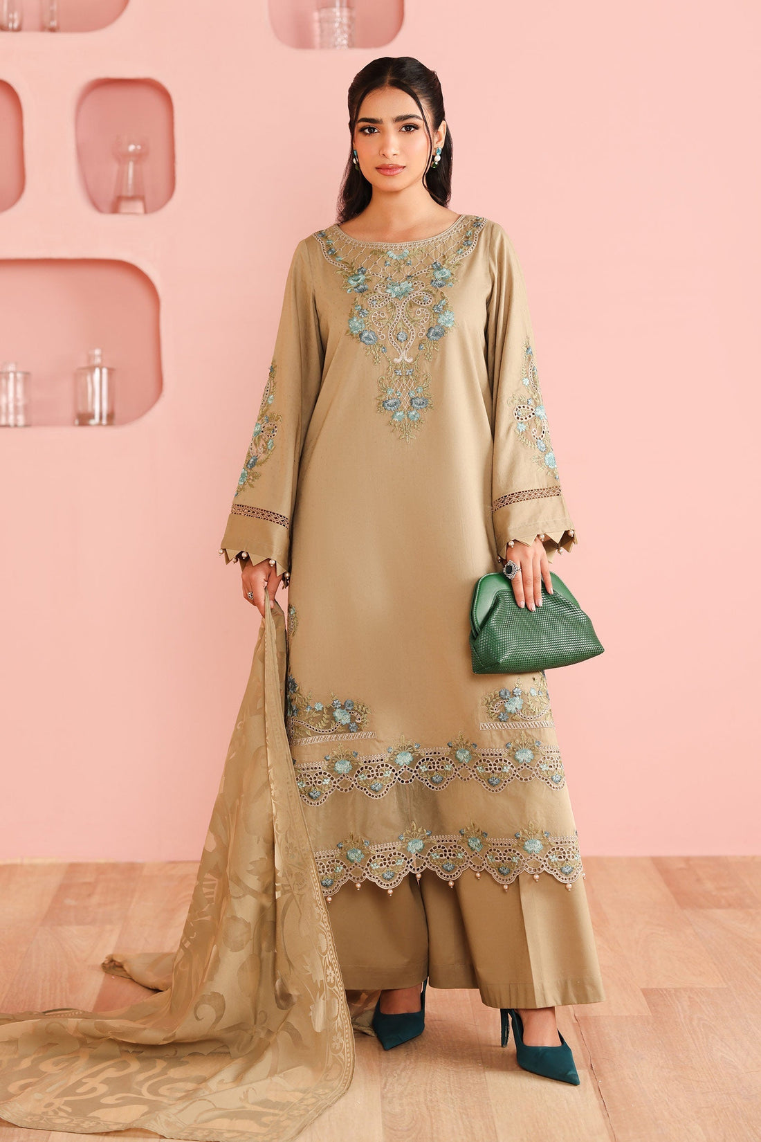 Maria B | Pre Fall Dresses | 3 Piece Embroidered Dobby Suit Coffee - House Of Hania