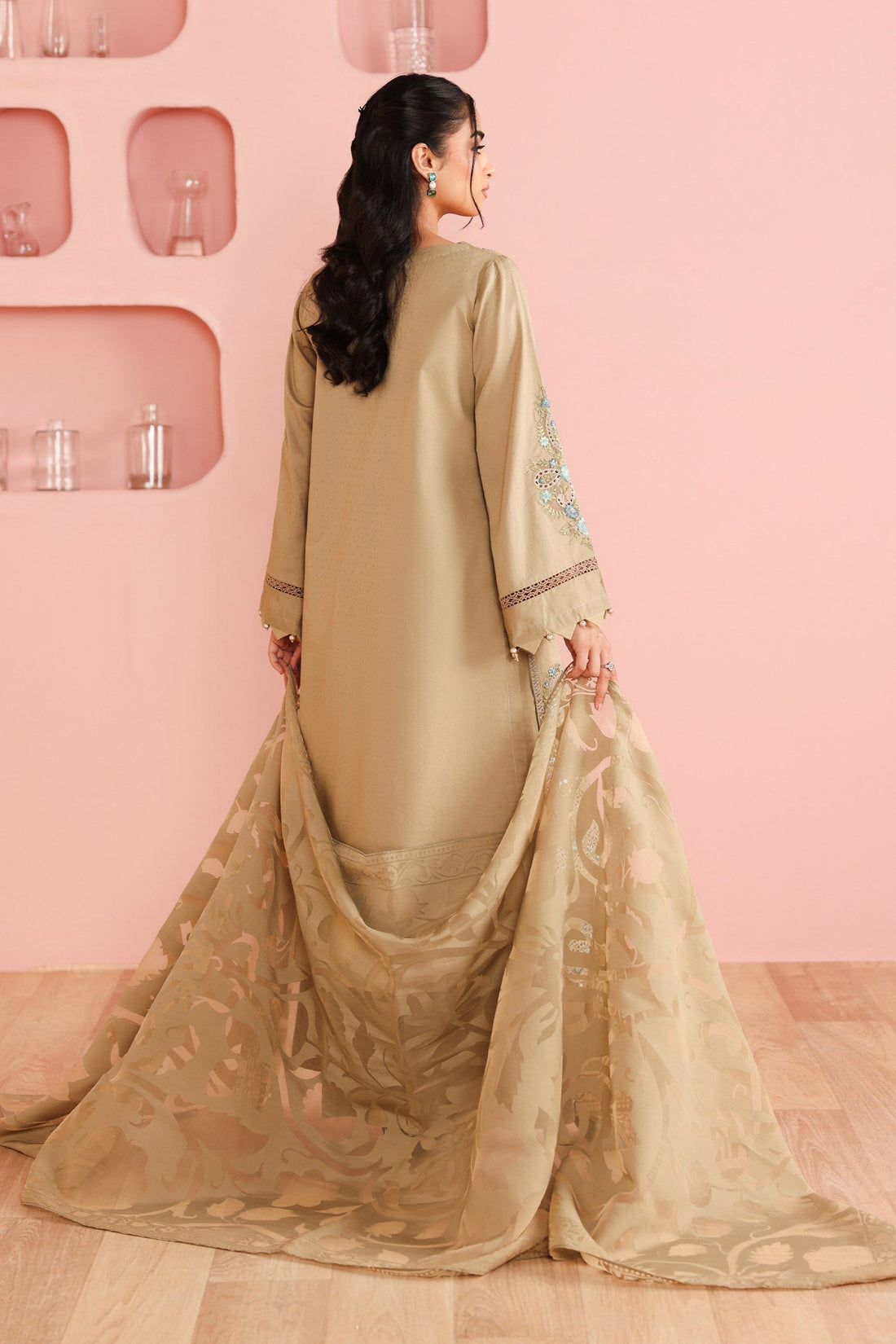 Maria B | Pre Fall Dresses | 3 Piece Embroidered Dobby Suit Coffee - House Of Hania