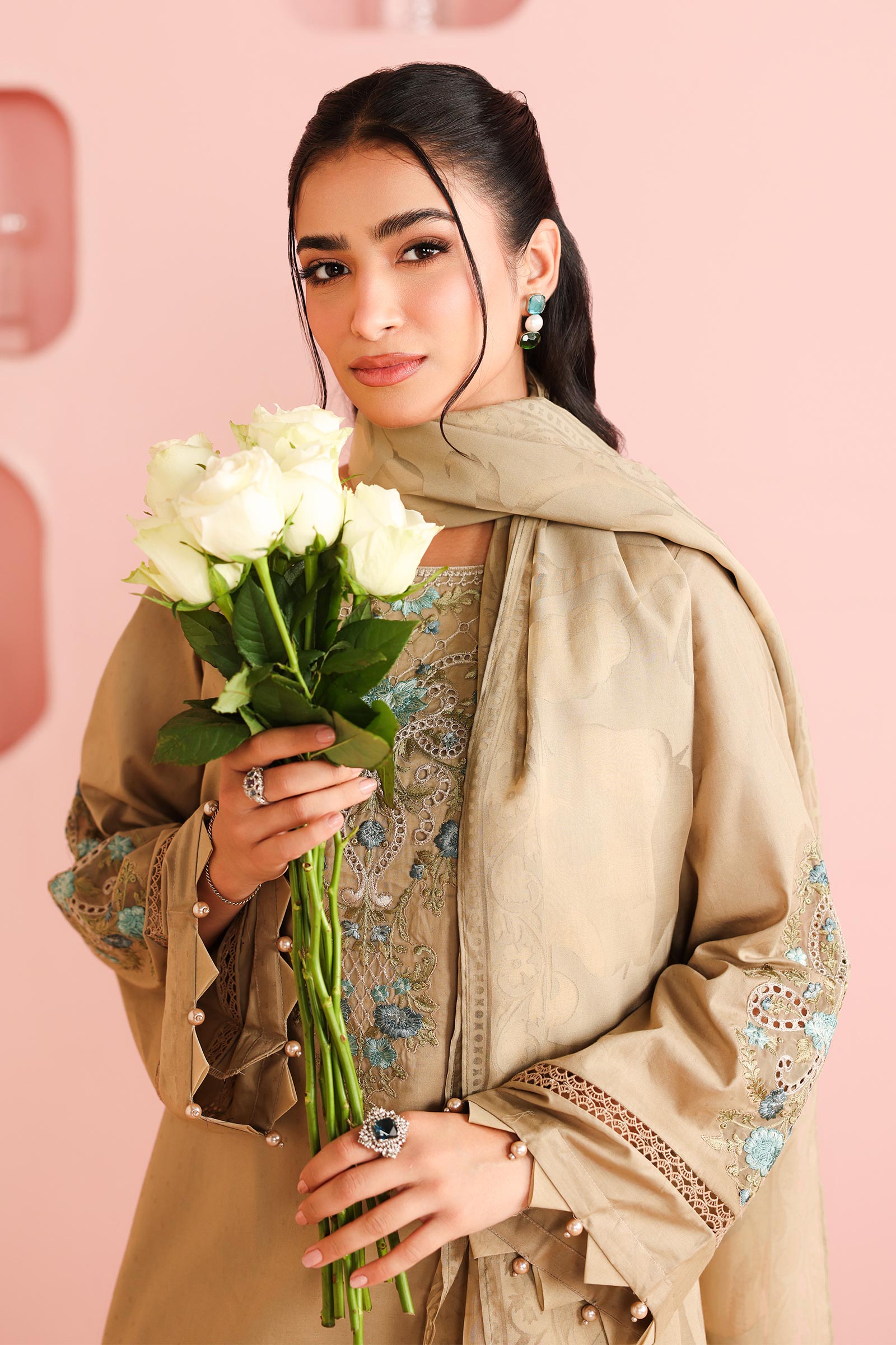 Maria B | Pre Fall Dresses | 3 Piece Embroidered Dobby Suit Coffee - House Of Hania