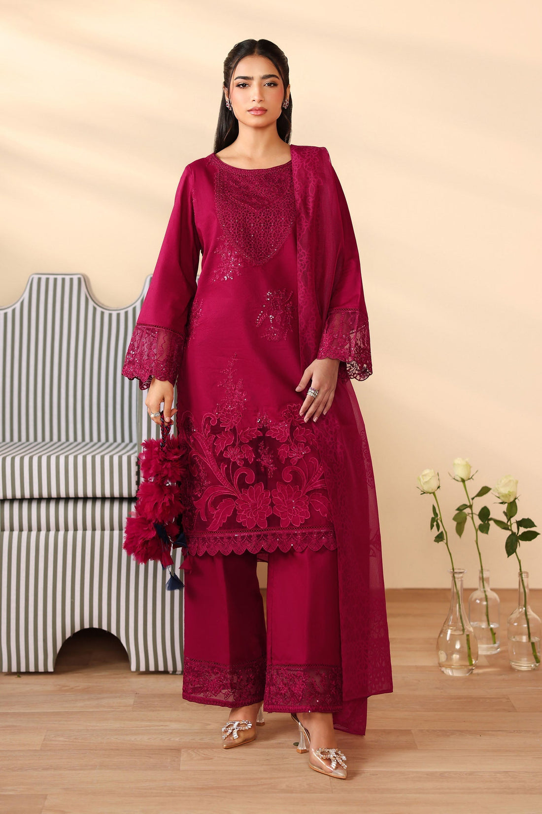 Maria B | Pre Fall Dresses | 3 Piece Embroidered Dobby Suit Maroon - House Of Hania