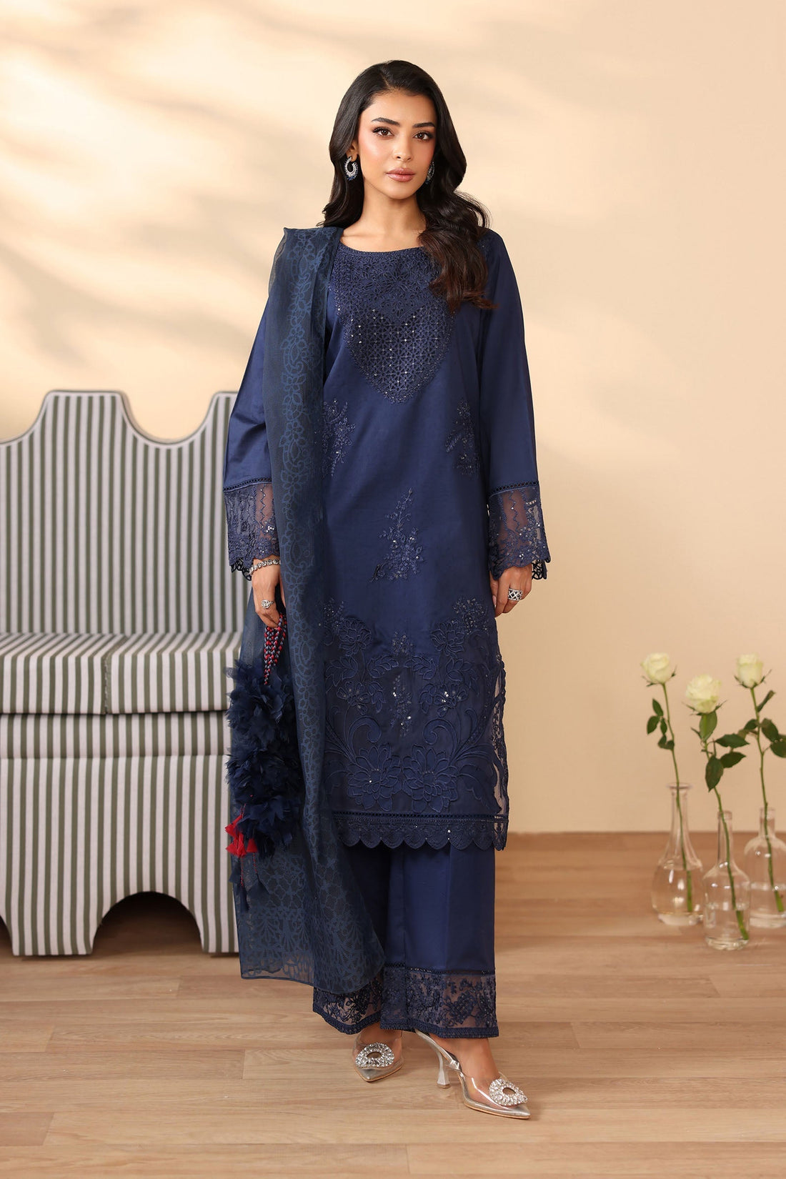 Maria B | Pre Fall Dresses | 3 Piece Embroidered Dobby Suit Navy Blue - House Of Hania