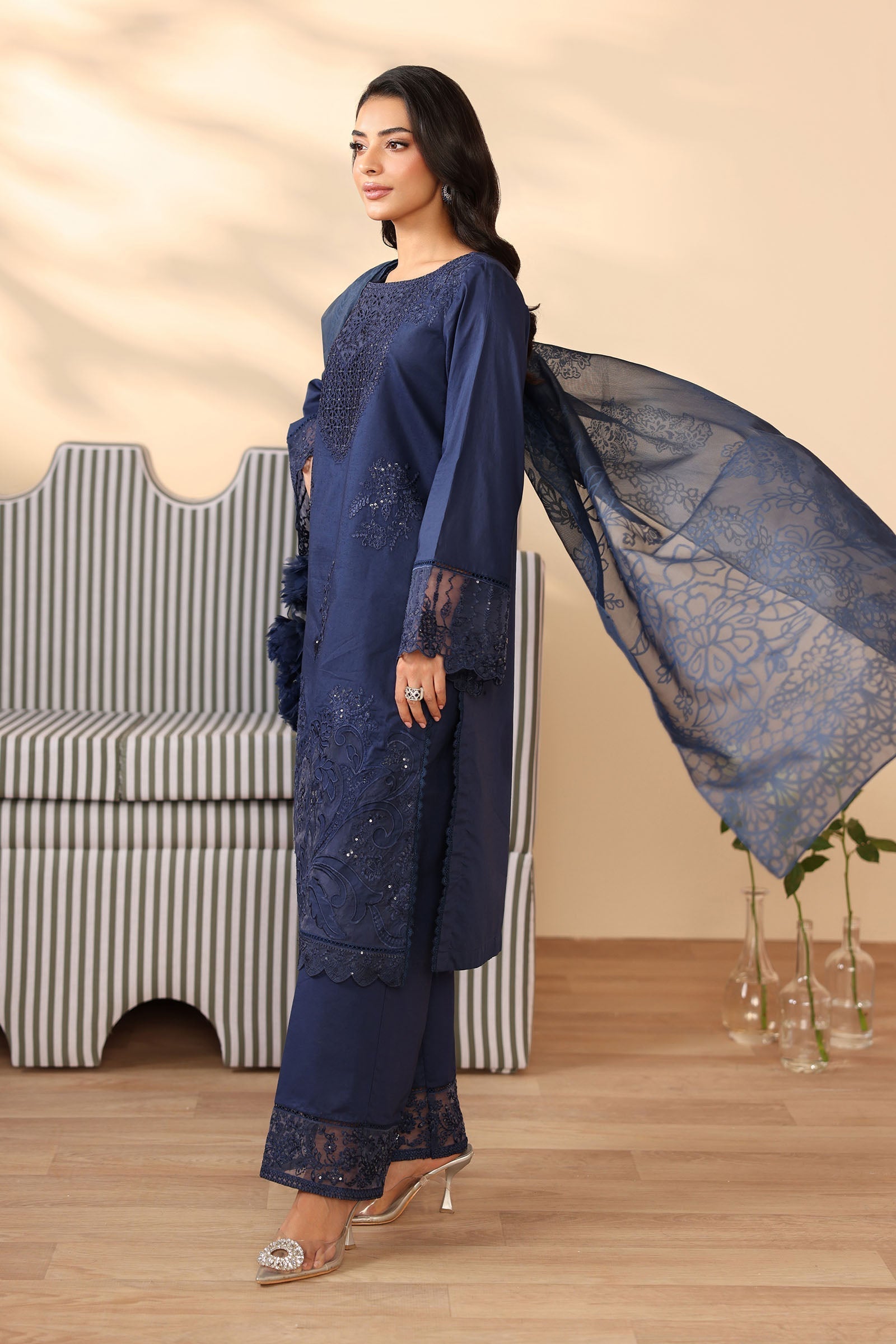 Maria B | Pre Fall Dresses | 3 Piece Embroidered Dobby Suit Navy Blue - House Of Hania