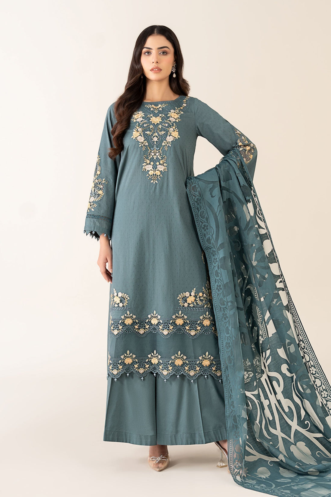 Maria B | Pre Fall Dresses | 3 Piece Embroidered Dobby Suit Teal - House Of Hania