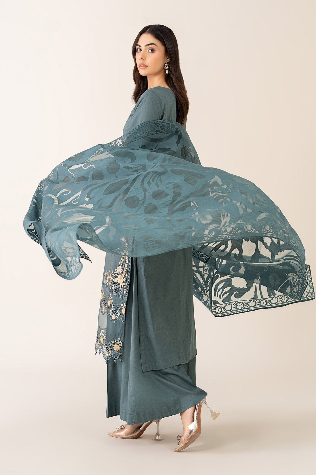 Maria B | Pre Fall Dresses | 3 Piece Embroidered Dobby Suit Teal - House Of Hania