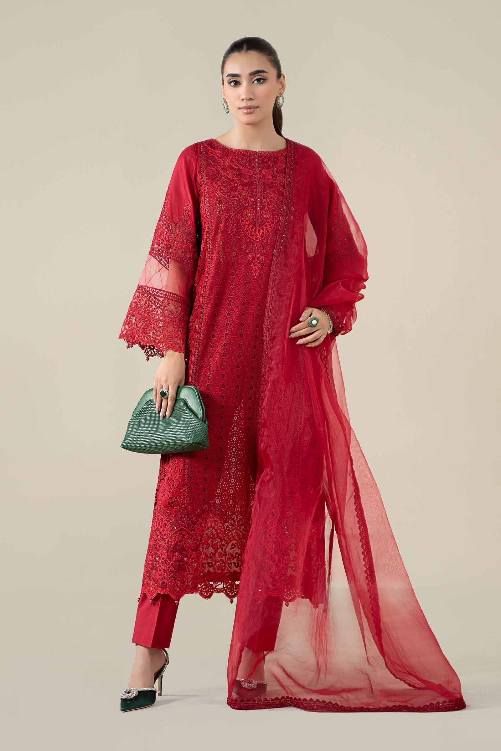 Maria B | Pre Fall Dresses | 3 Piece Embroidered Lawn Suit Red - House Of Hania