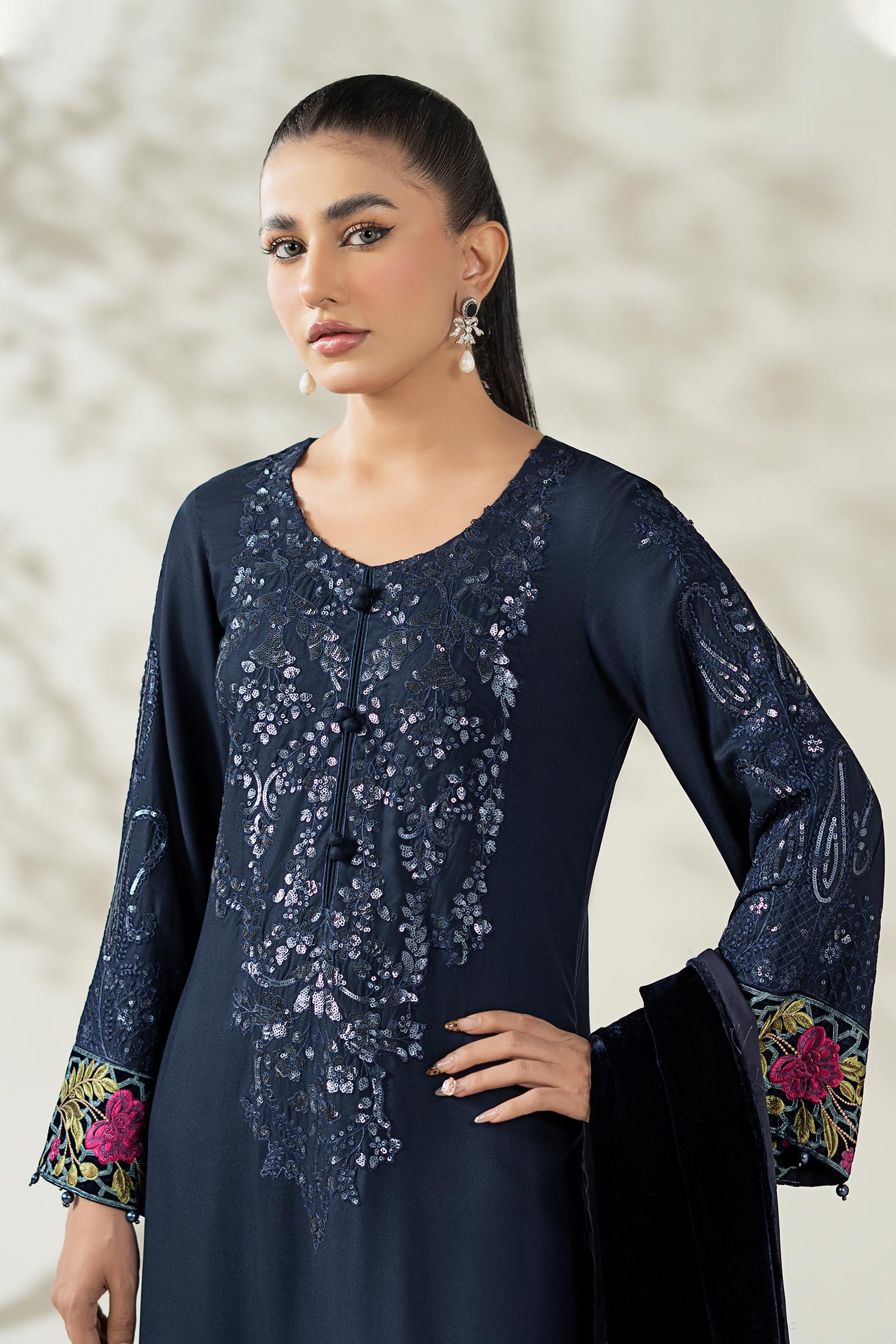 Maria B | Pre Fall Dresses | 3 Piece Embroidered Linen Suit VV - House Of Hania