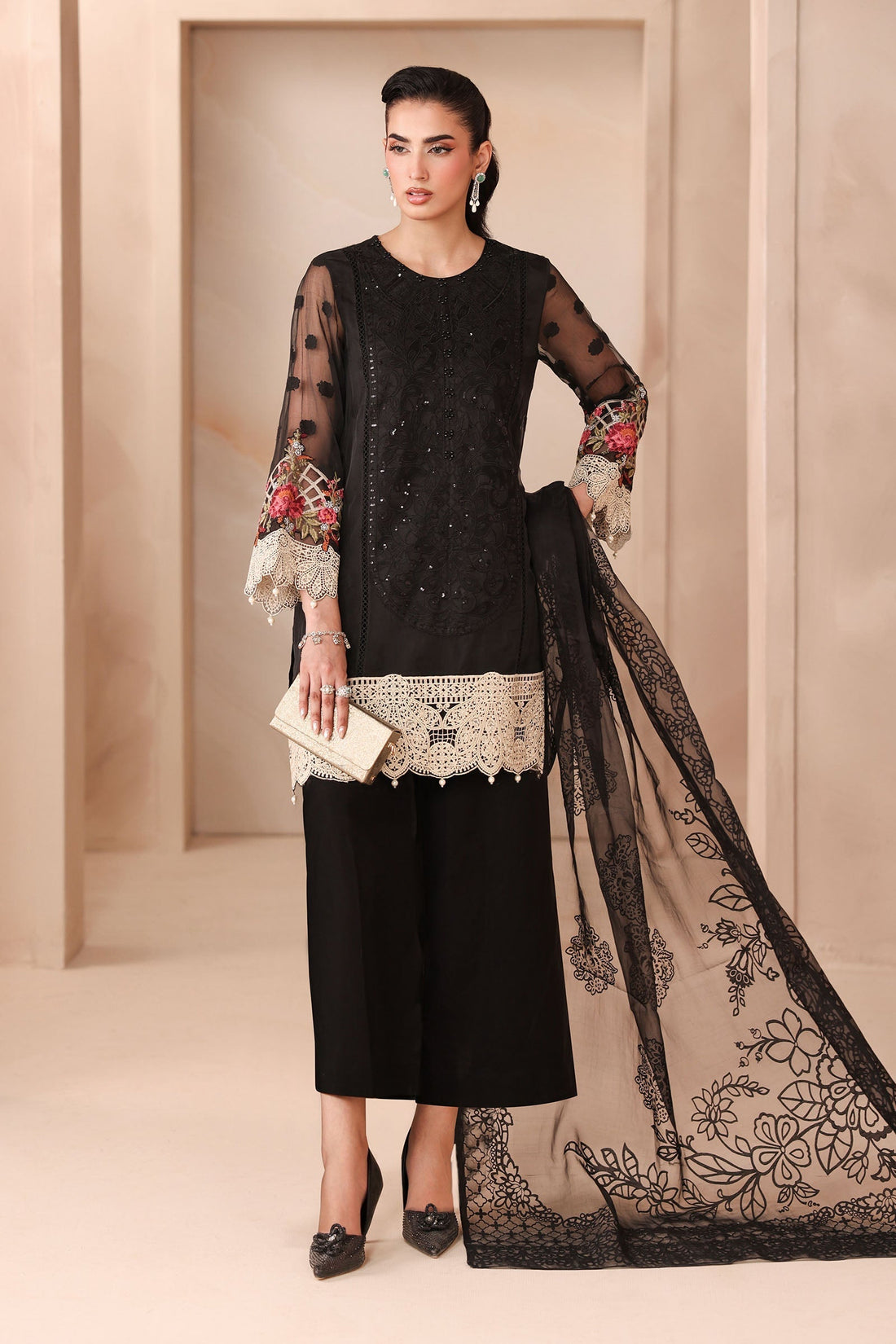 Maria B | Pre Fall Dresses | 3 Piece Embroidered Organza Jacquard Suit Black - House Of Hania