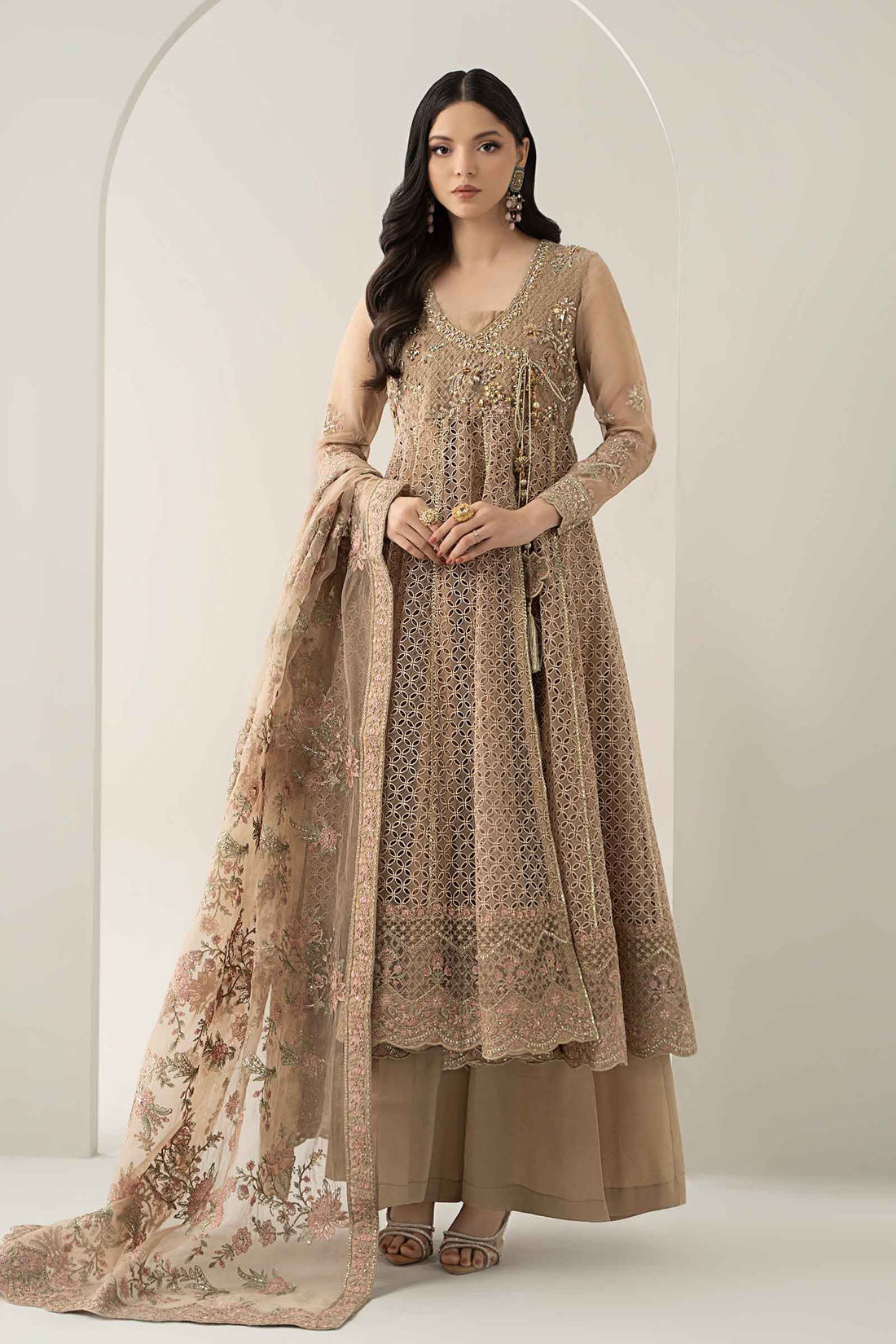 Maria B | Pre Fall Dresses | 3 Piece Embroidered Organza Suit Beige - House Of Hania
