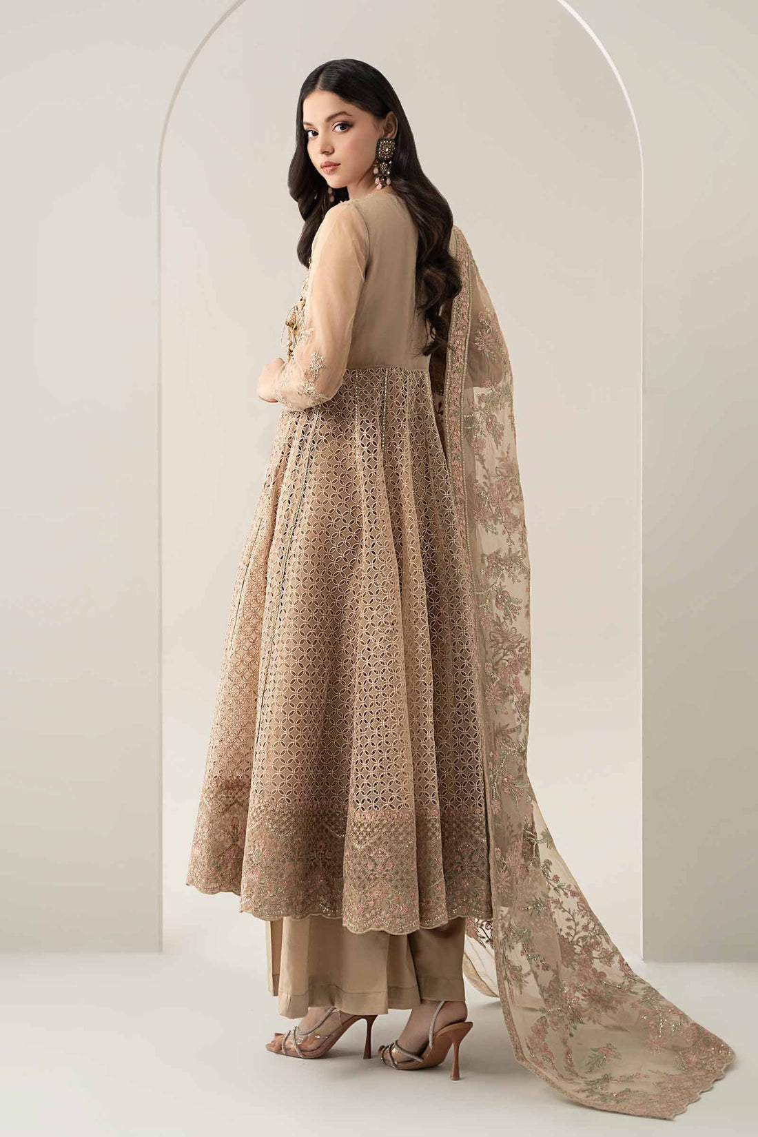 Maria B | Pre Fall Dresses | 3 Piece Embroidered Organza Suit Beige - House Of Hania