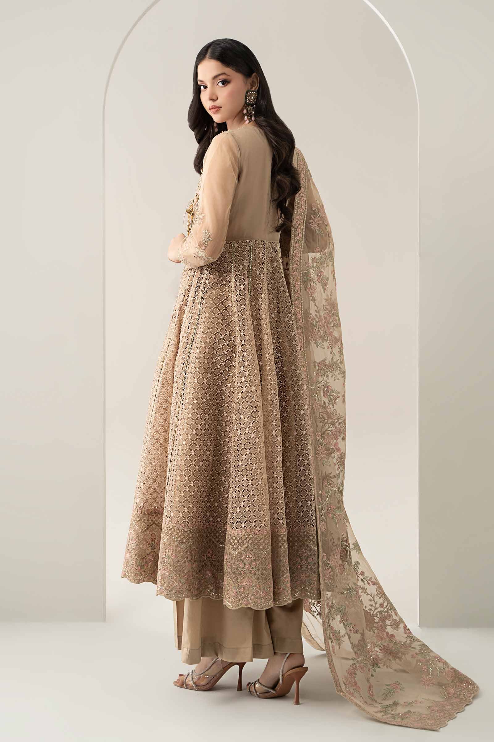 Maria B | Pre Fall Dresses | 3 Piece Embroidered Organza Suit Beige - House Of Hania