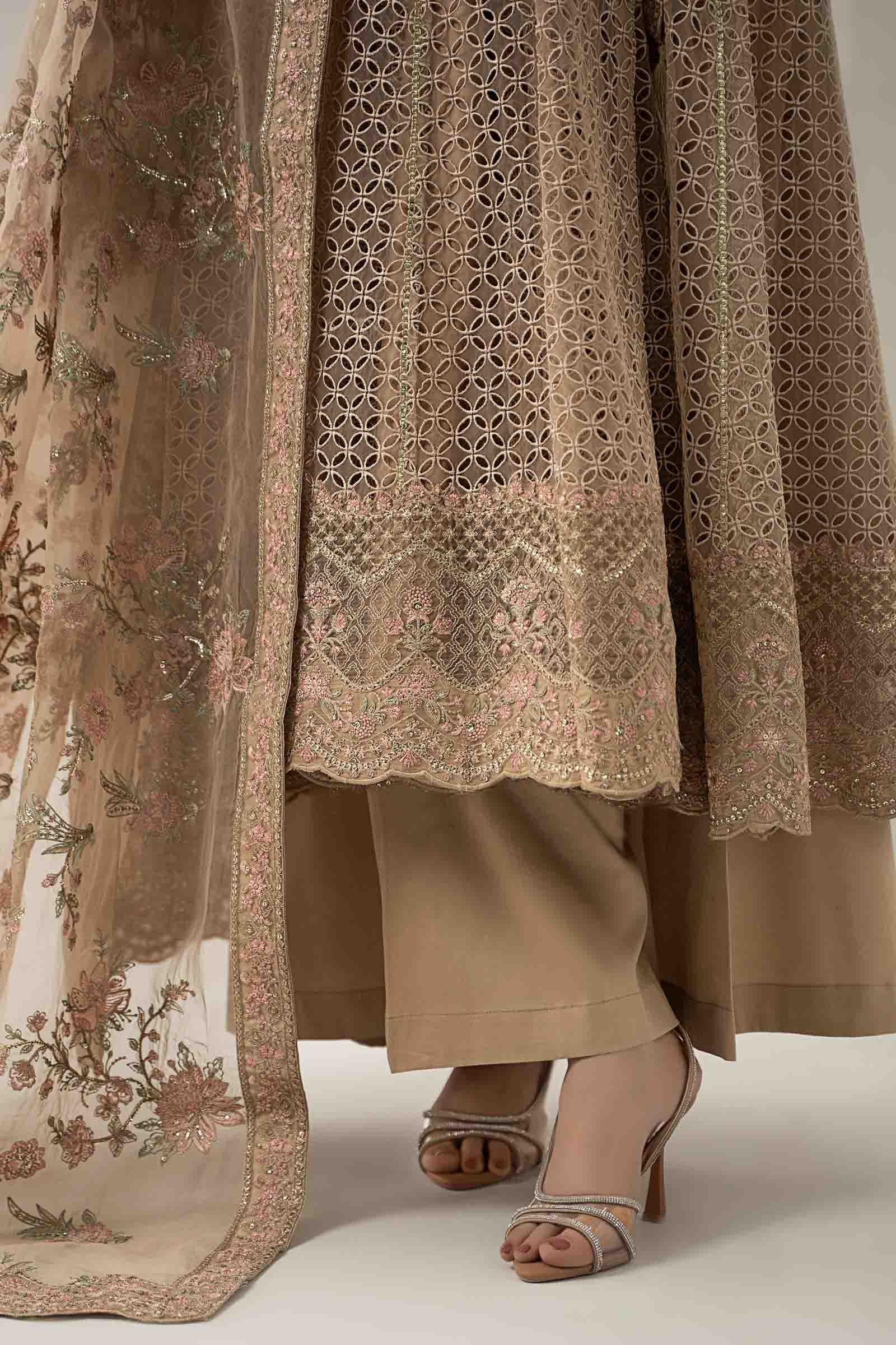 Maria B | Pre Fall Dresses | 3 Piece Embroidered Organza Suit Beige - House Of Hania