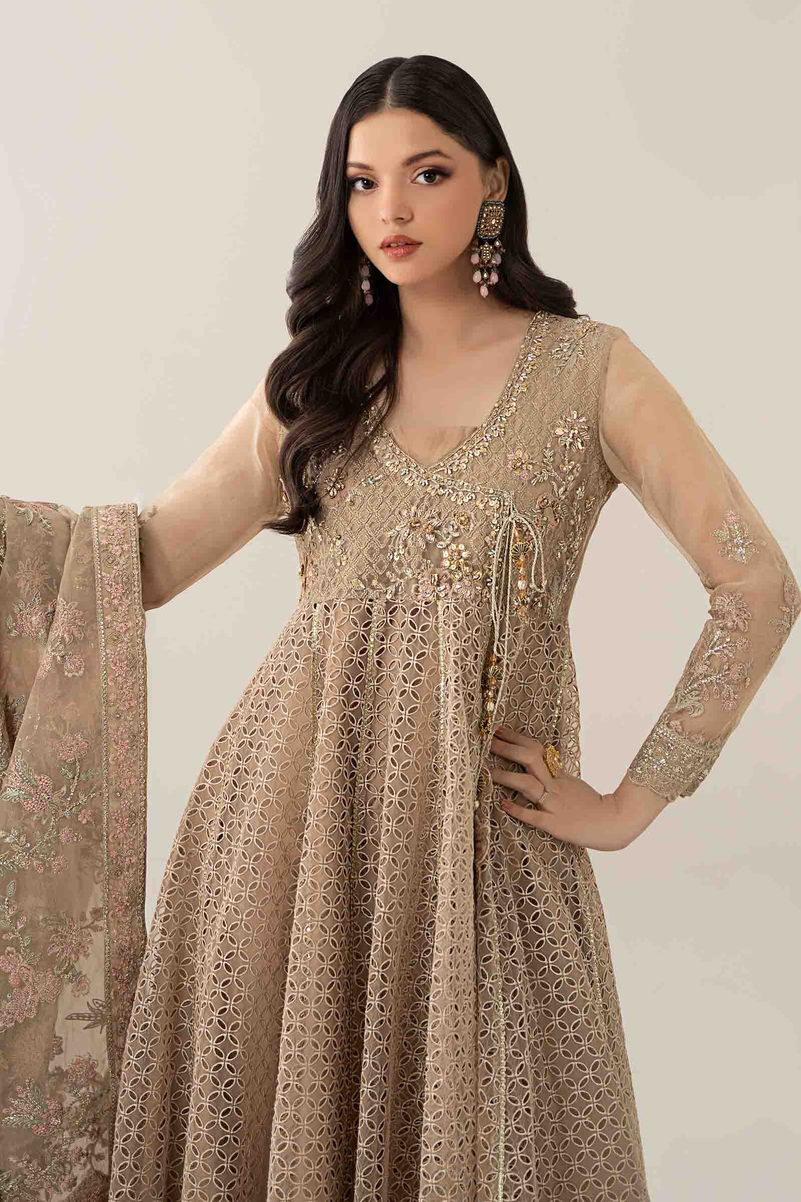Maria B | Pre Fall Dresses | 3 Piece Embroidered Organza Suit Beige - House Of Hania