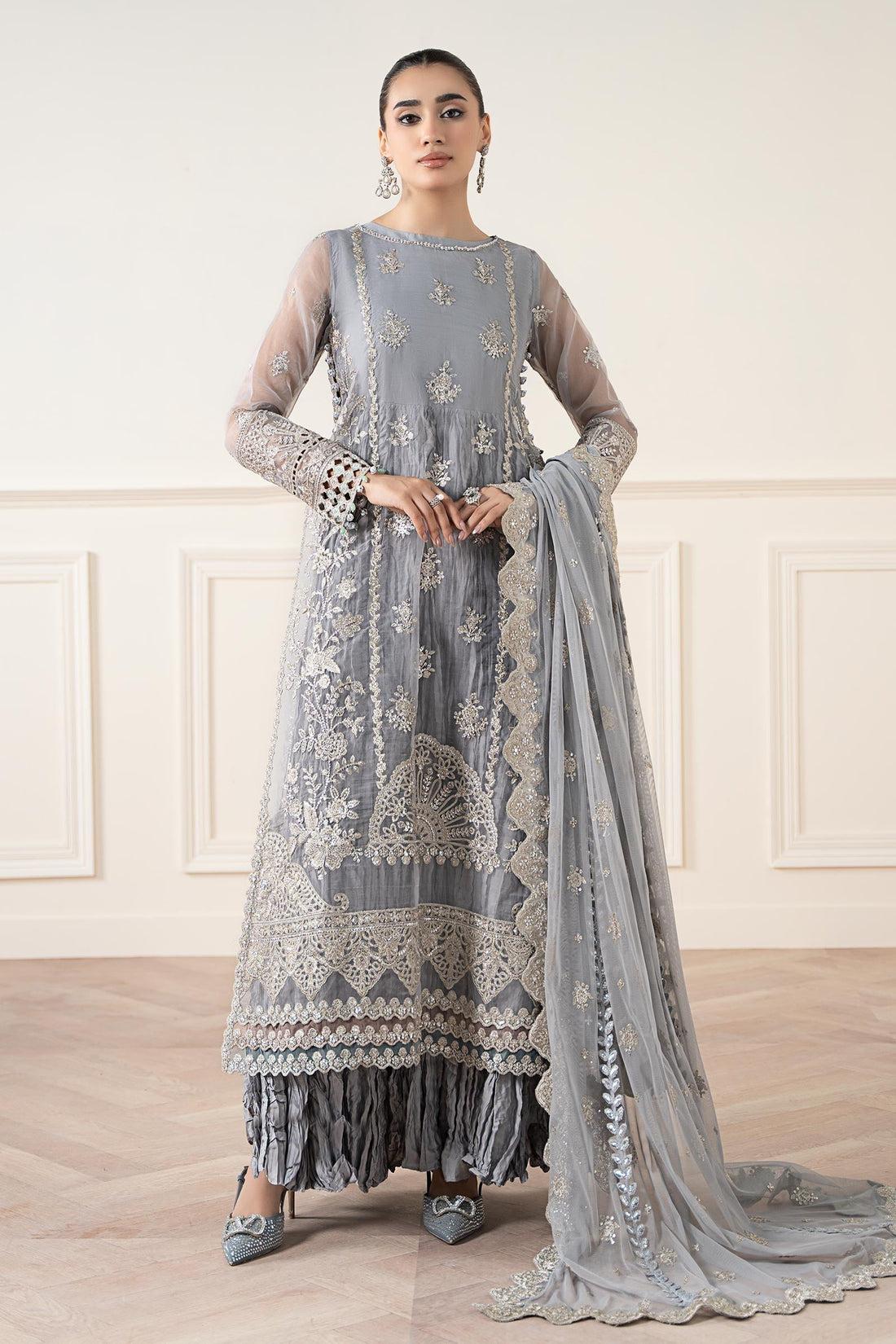 Maria B | Pre Fall Dresses | 3 Piece Embroidered Organza Suit Gray - House Of Hania