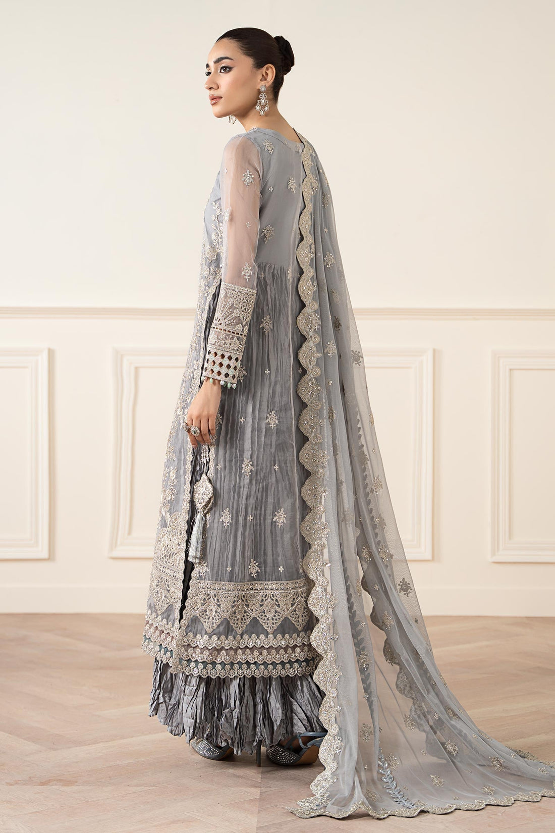 Maria B | Pre Fall Dresses | 3 Piece Embroidered Organza Suit Gray - House Of Hania