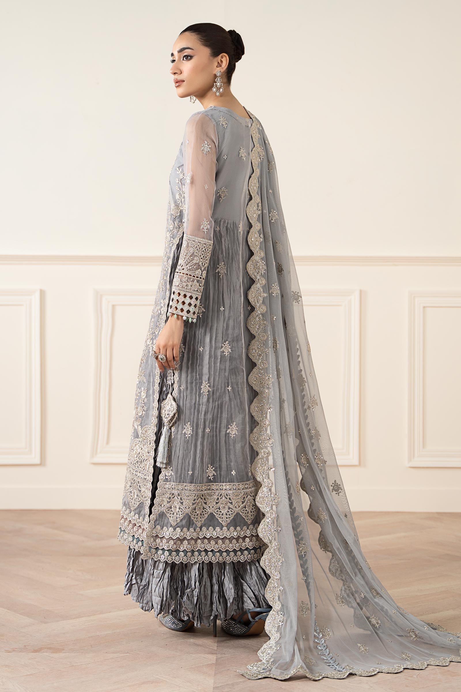 Maria B | Pre Fall Dresses | 3 Piece Embroidered Organza Suit Gray - House Of Hania