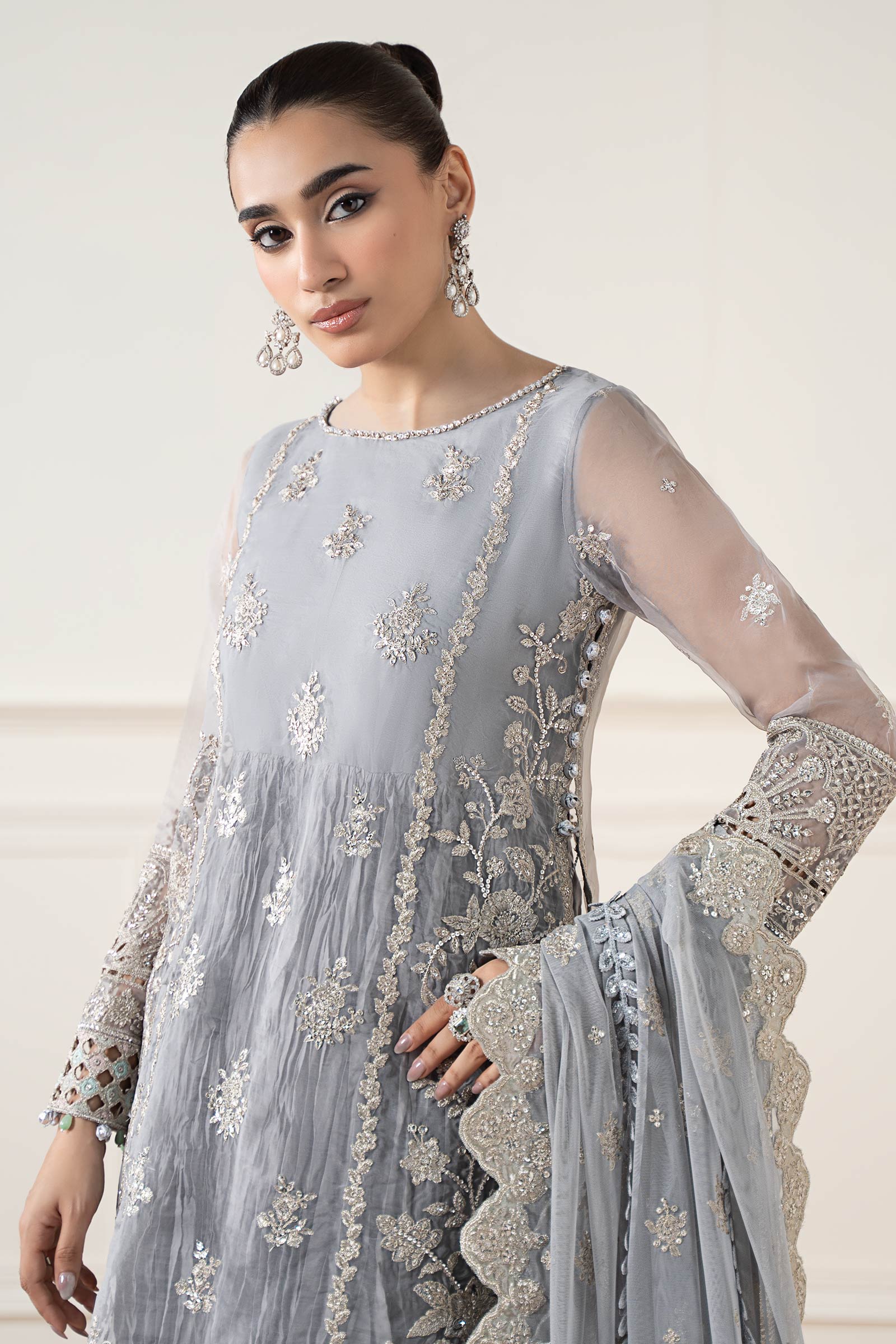 Maria B | Pre Fall Dresses | 3 Piece Embroidered Organza Suit Gray - House Of Hania