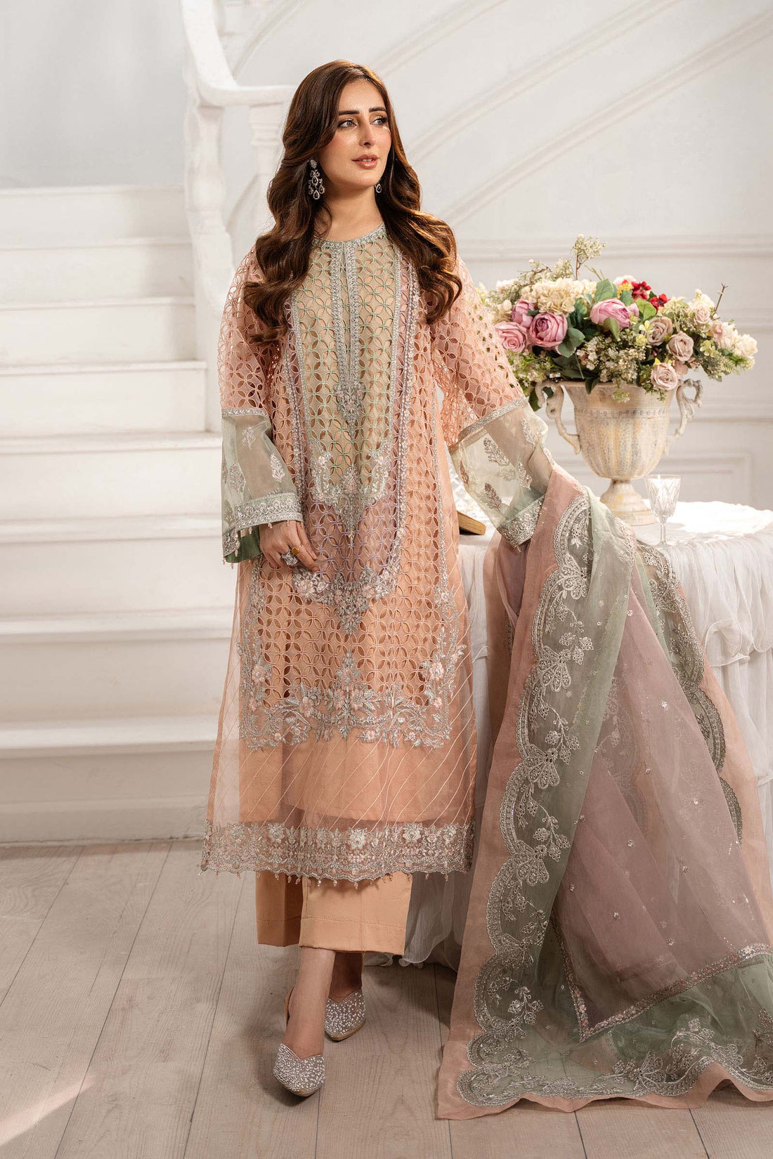 Maria B | Pre Fall Dresses | 3 Piece Embroidered Organza Suit Peach - House Of Hania