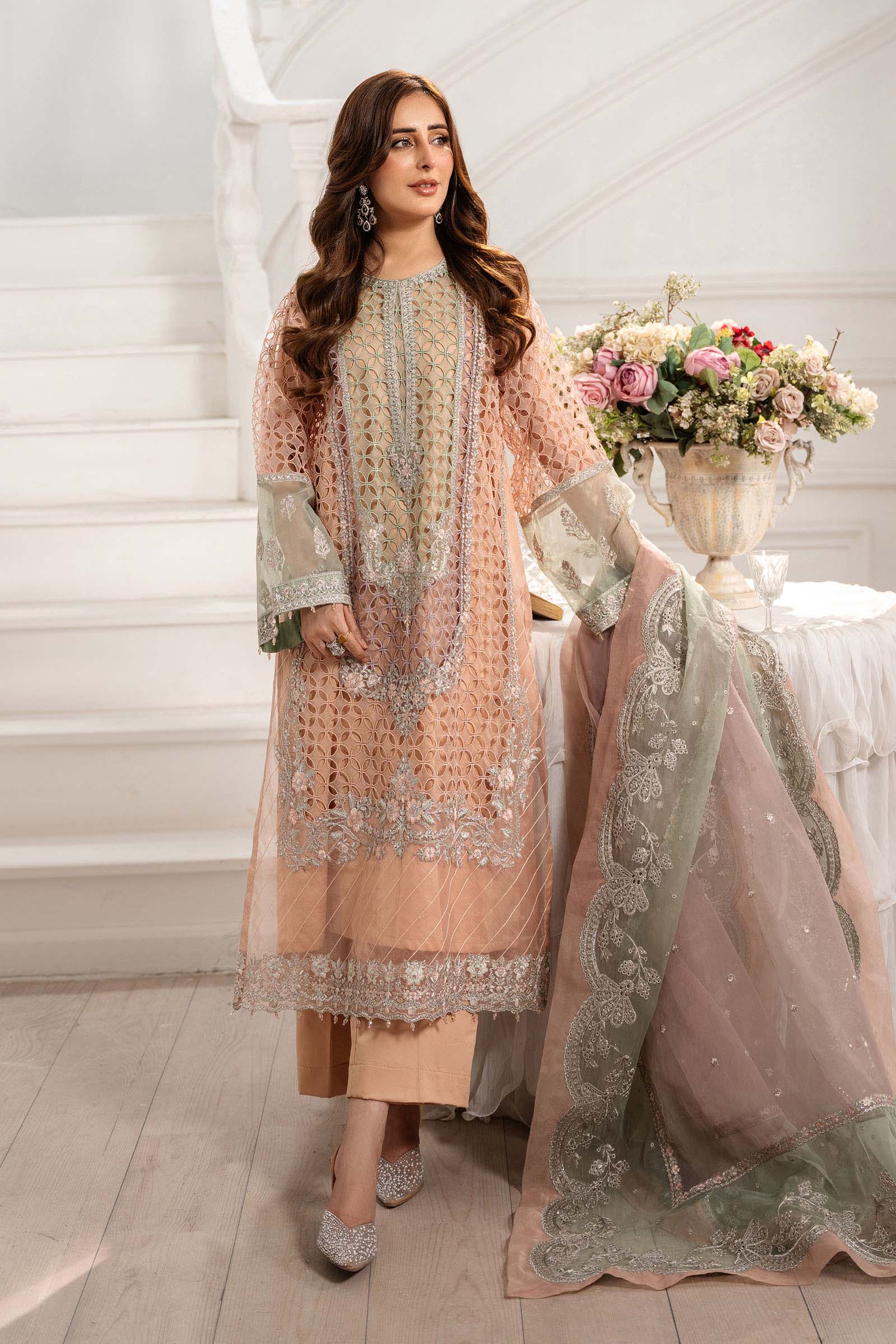 Maria B | Pre Fall Dresses | 3 Piece Embroidered Organza Suit Peach - House Of Hania