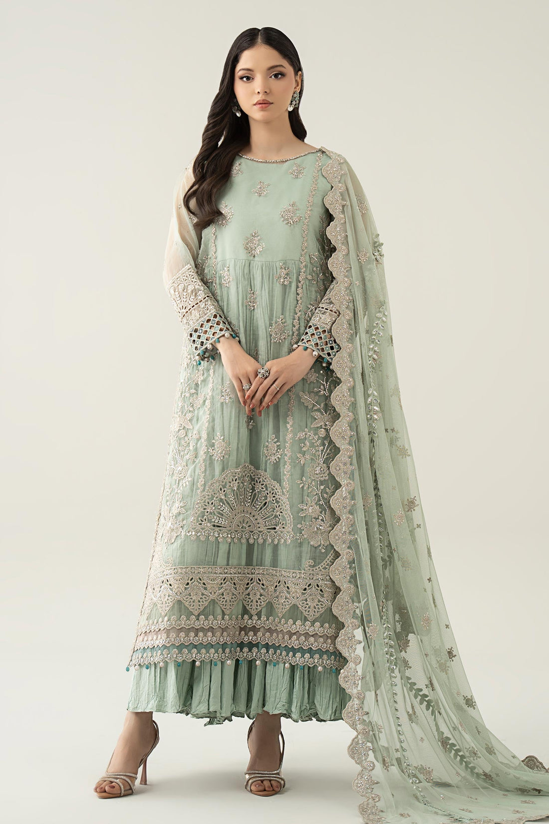 Maria B | Pre Fall Dresses | 3 Piece Embroidered Organza Suit Sea Green - House Of Hania