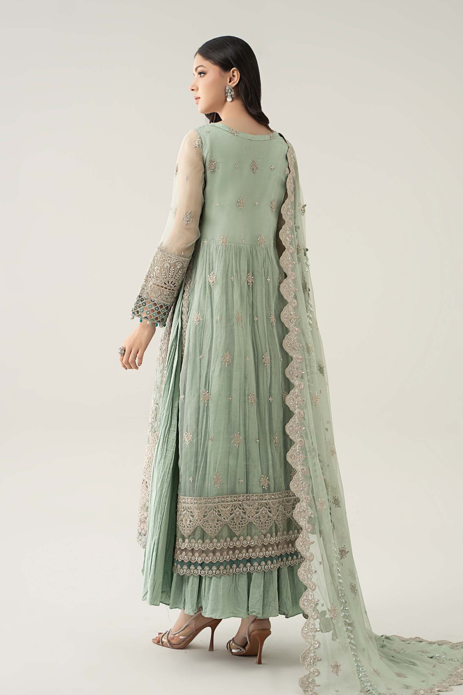 Maria B | Pre Fall Dresses | 3 Piece Embroidered Organza Suit Sea Green - House Of Hania