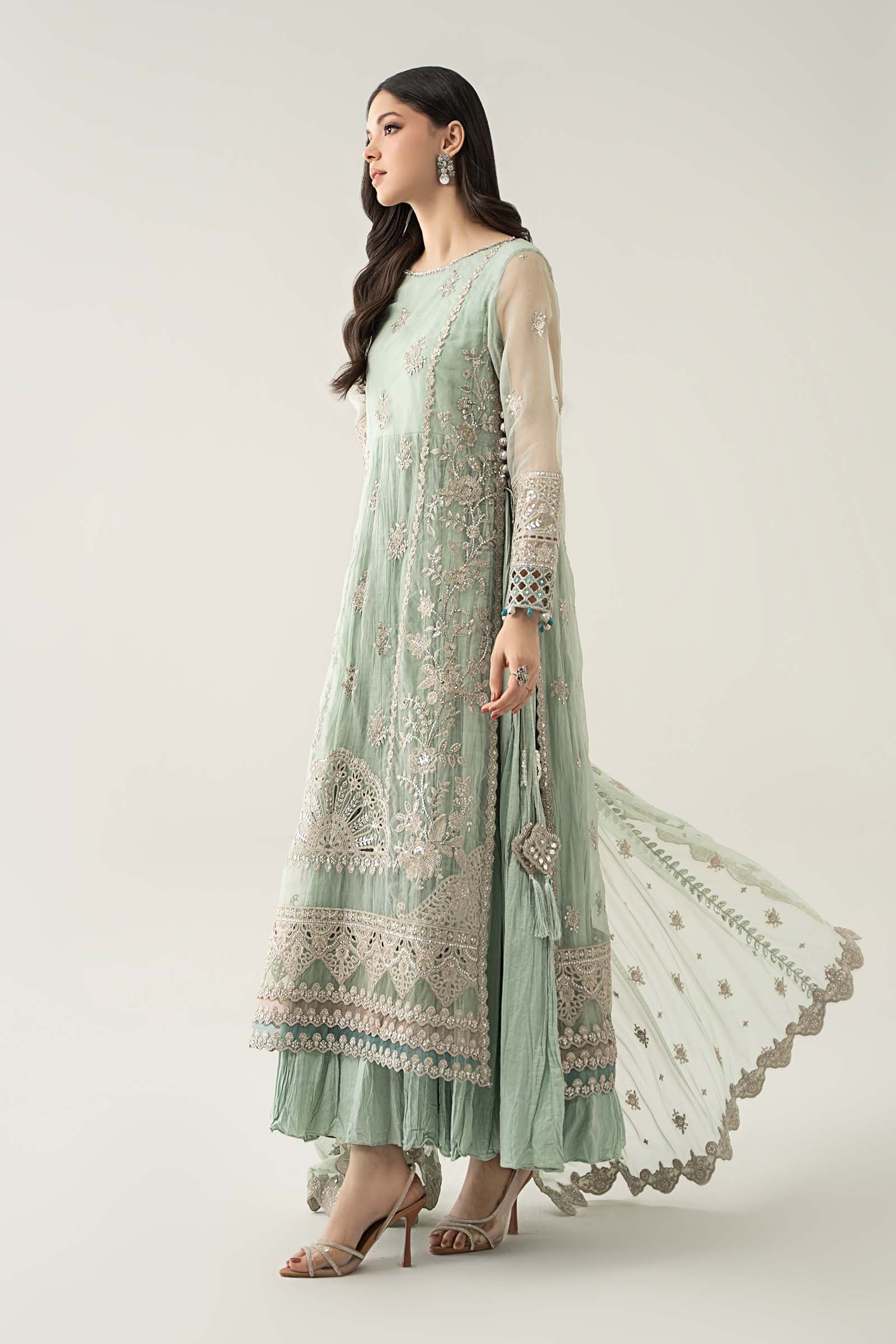 Maria B | Pre Fall Dresses | 3 Piece Embroidered Organza Suit Sea Green - House Of Hania