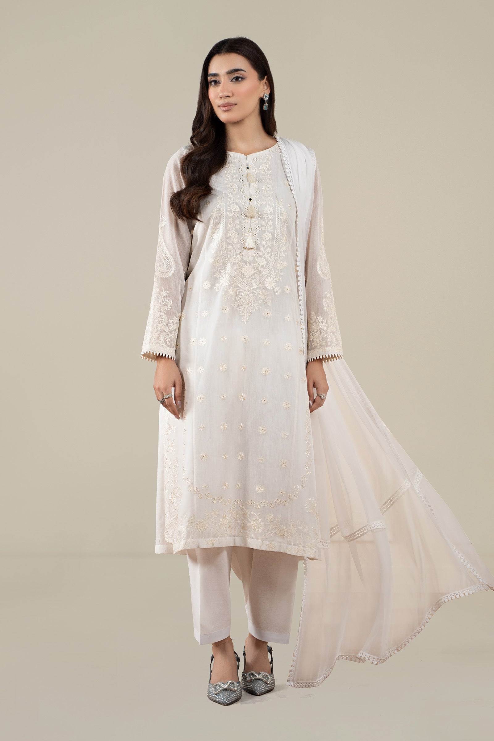 Maria B | Pre Fall Dresses | 3 Piece Embroidered Paper Cotton Suit AA - House Of Hania