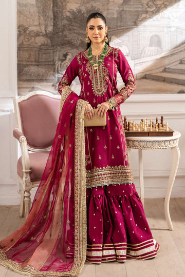 Maria B | Pre Fall Dresses | 3 Piece Embroidered Raw Silk Suit Redish Pink - House Of Hania