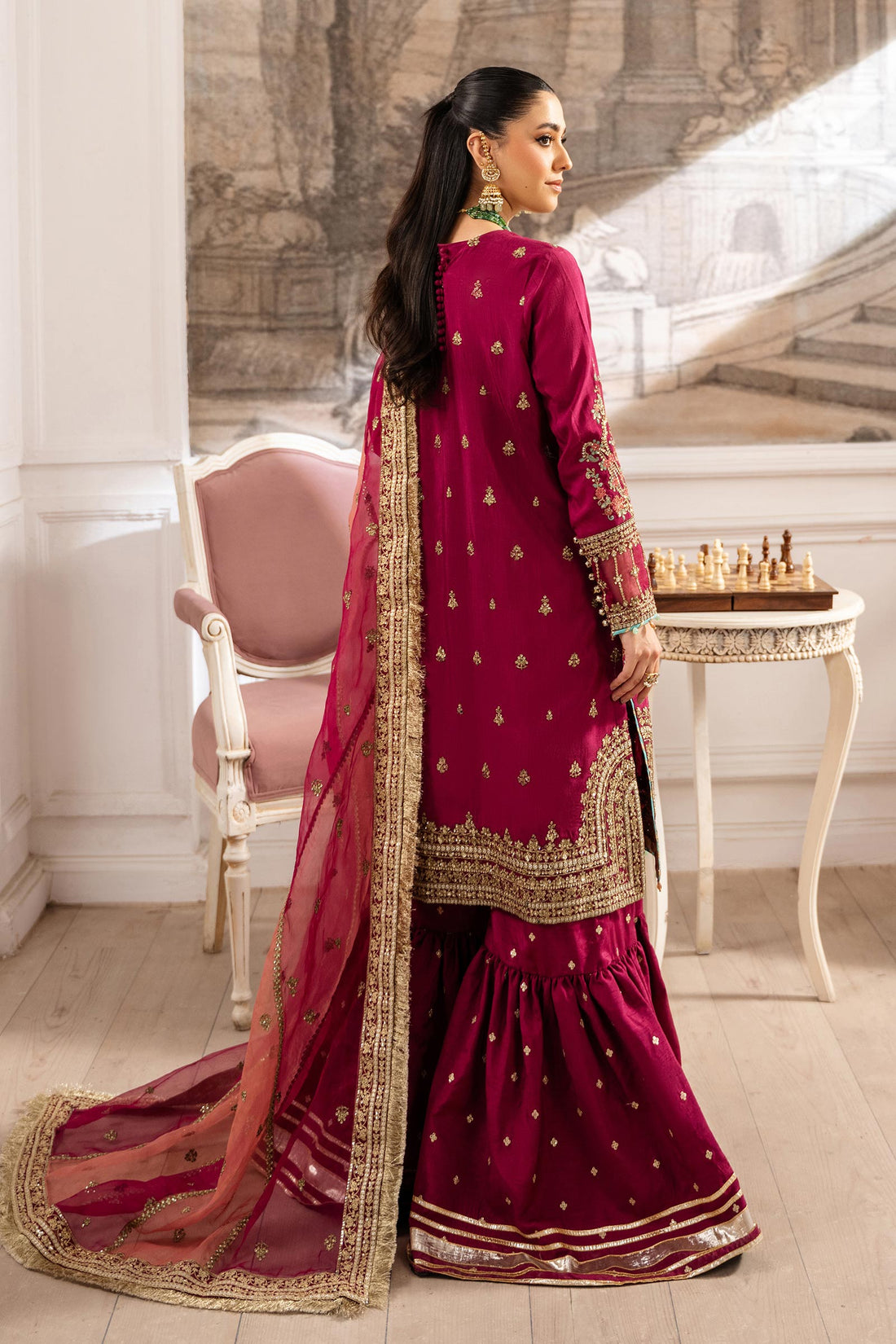 Maria B | Pre Fall Dresses | 3 Piece Embroidered Raw Silk Suit Redish Pink - House Of Hania