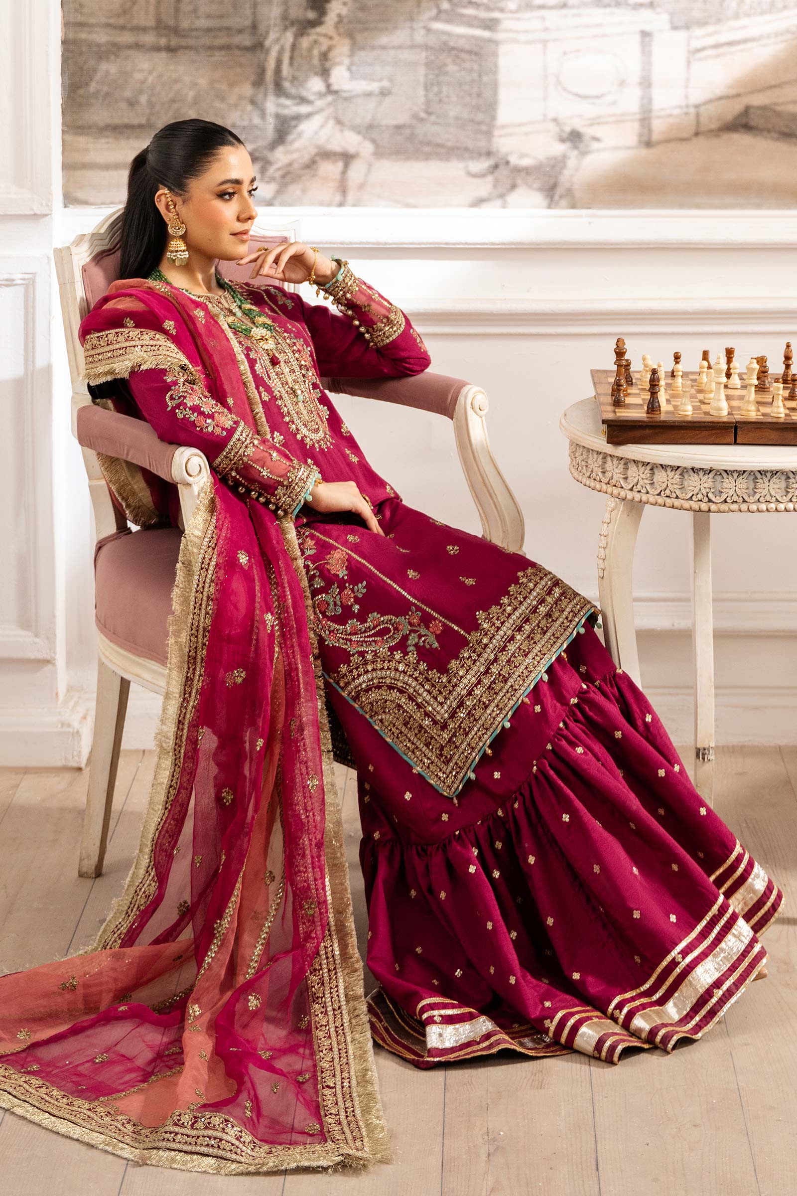 Maria B | Pre Fall Dresses | 3 Piece Embroidered Raw Silk Suit Redish Pink - House Of Hania