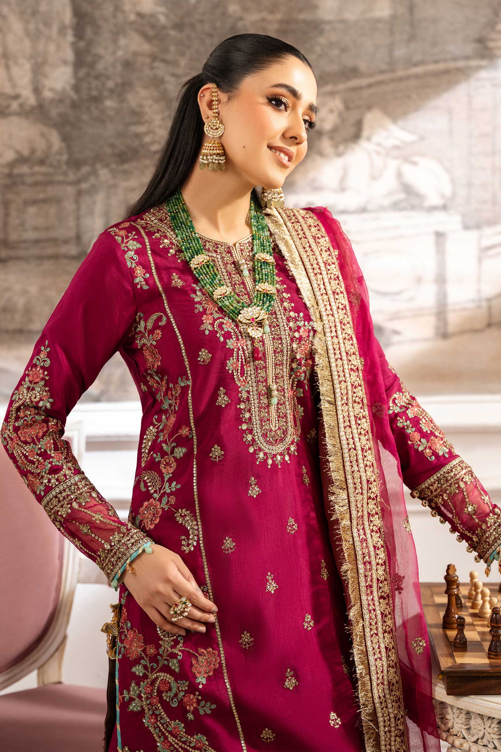 Maria B | Pre Fall Dresses | 3 Piece Embroidered Raw Silk Suit Redish Pink - House Of Hania