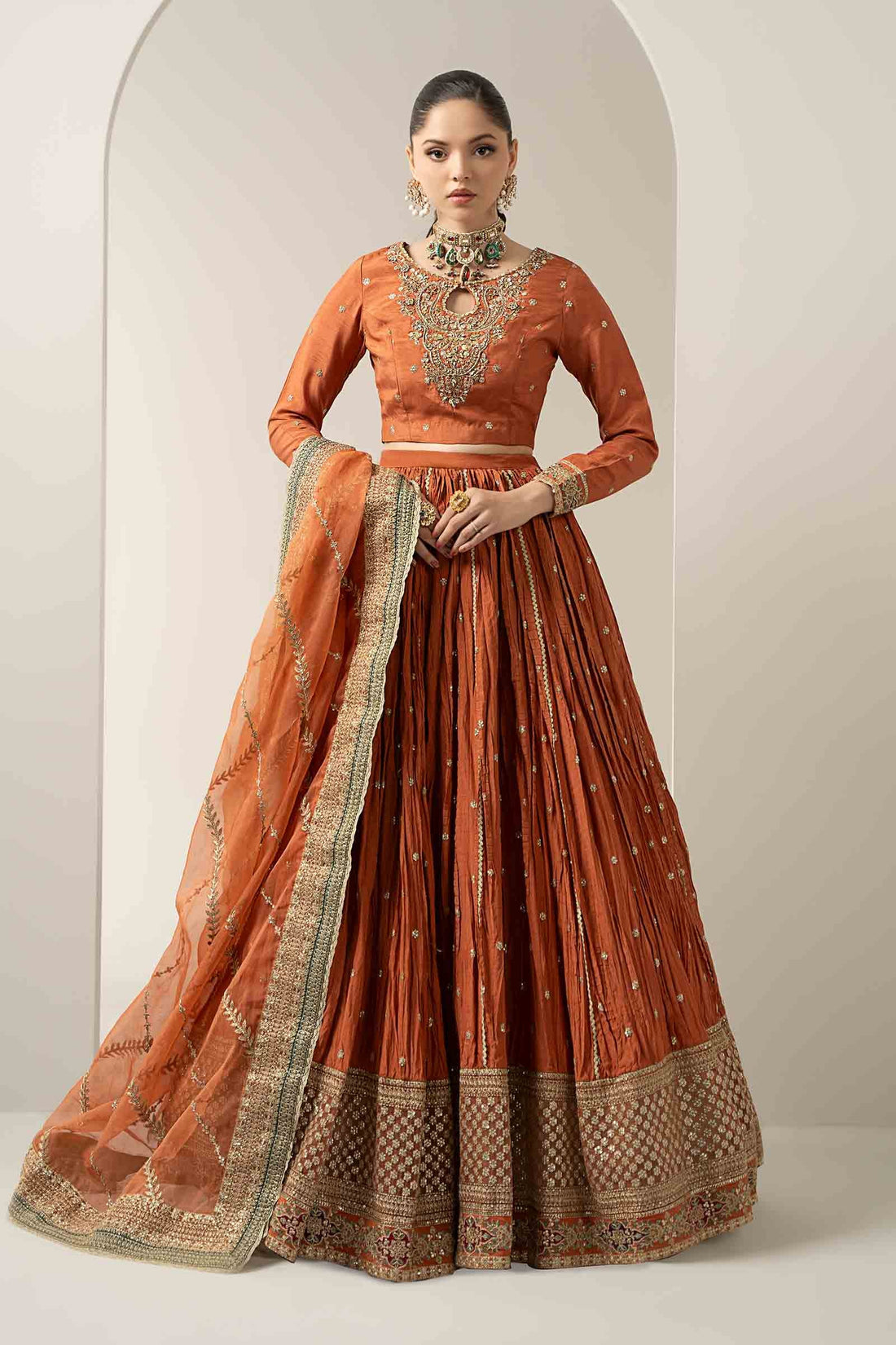 Maria B | Pre Fall Dresses | 3 Piece Embroidered Raw Silk Suit Rust - House Of Hania
