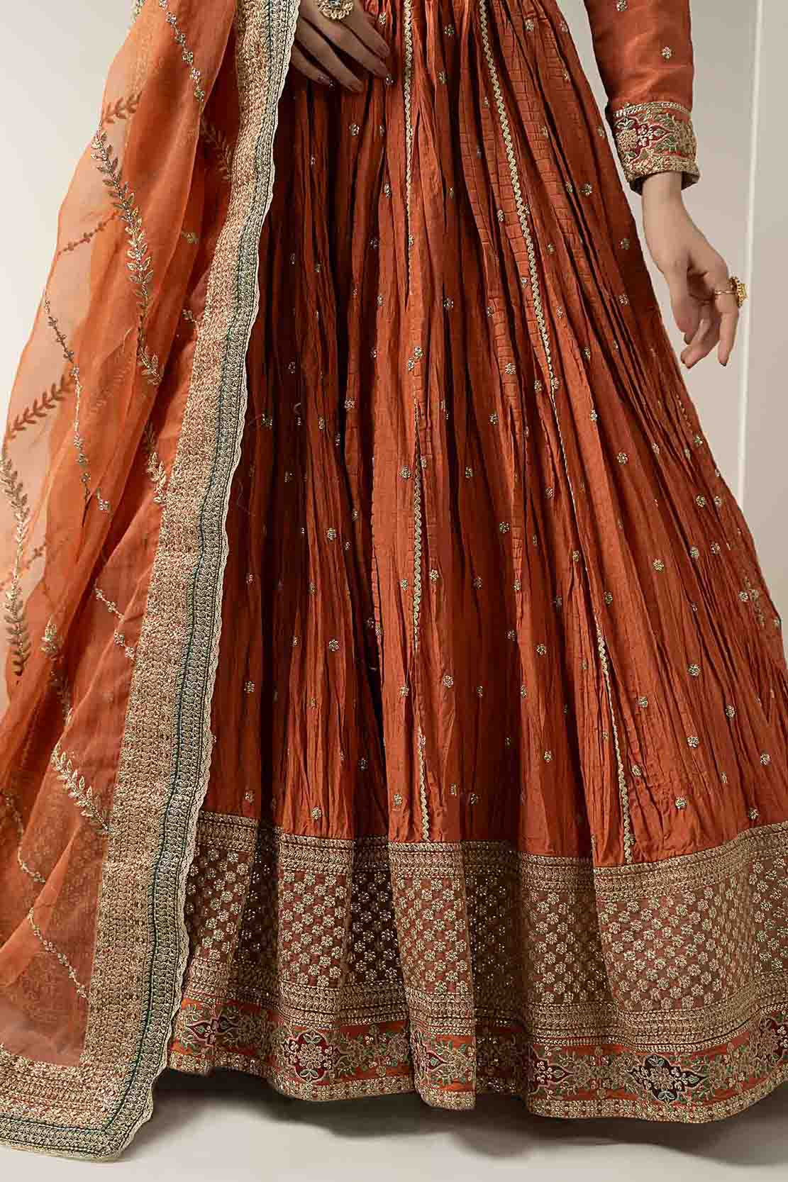 Maria B | Pre Fall Dresses | 3 Piece Embroidered Raw Silk Suit Rust - House Of Hania