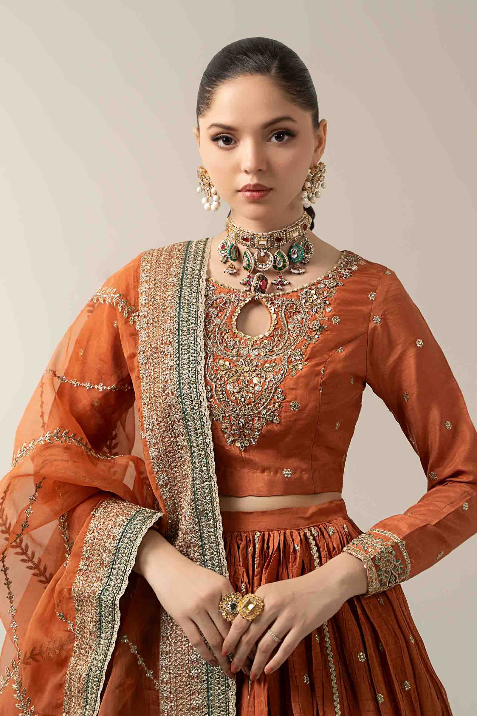 Maria B | Pre Fall Dresses | 3 Piece Embroidered Raw Silk Suit Rust - House Of Hania