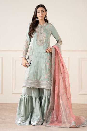 Maria B | Pre Fall Dresses | 3 Piece Embroidered Raw Silk Suit Sea Green - House Of Hania