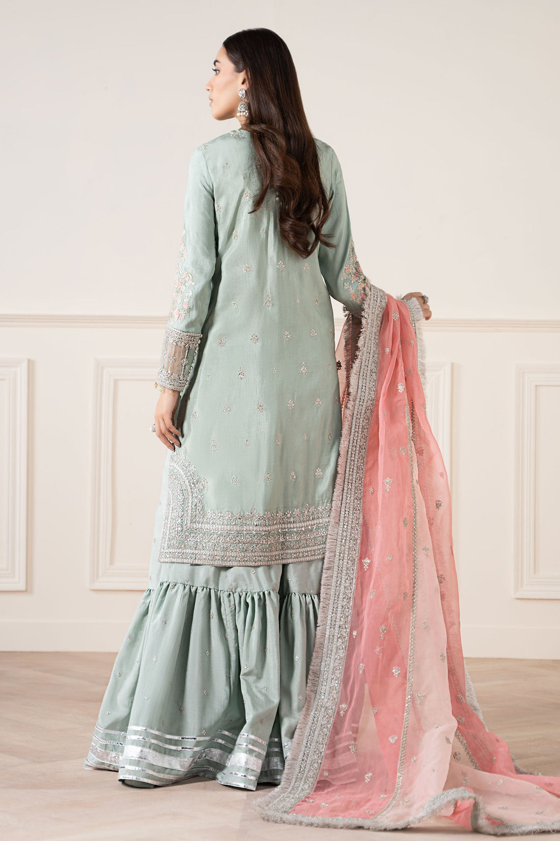 Maria B | Pre Fall Dresses | 3 Piece Embroidered Raw Silk Suit Sea Green - House Of Hania