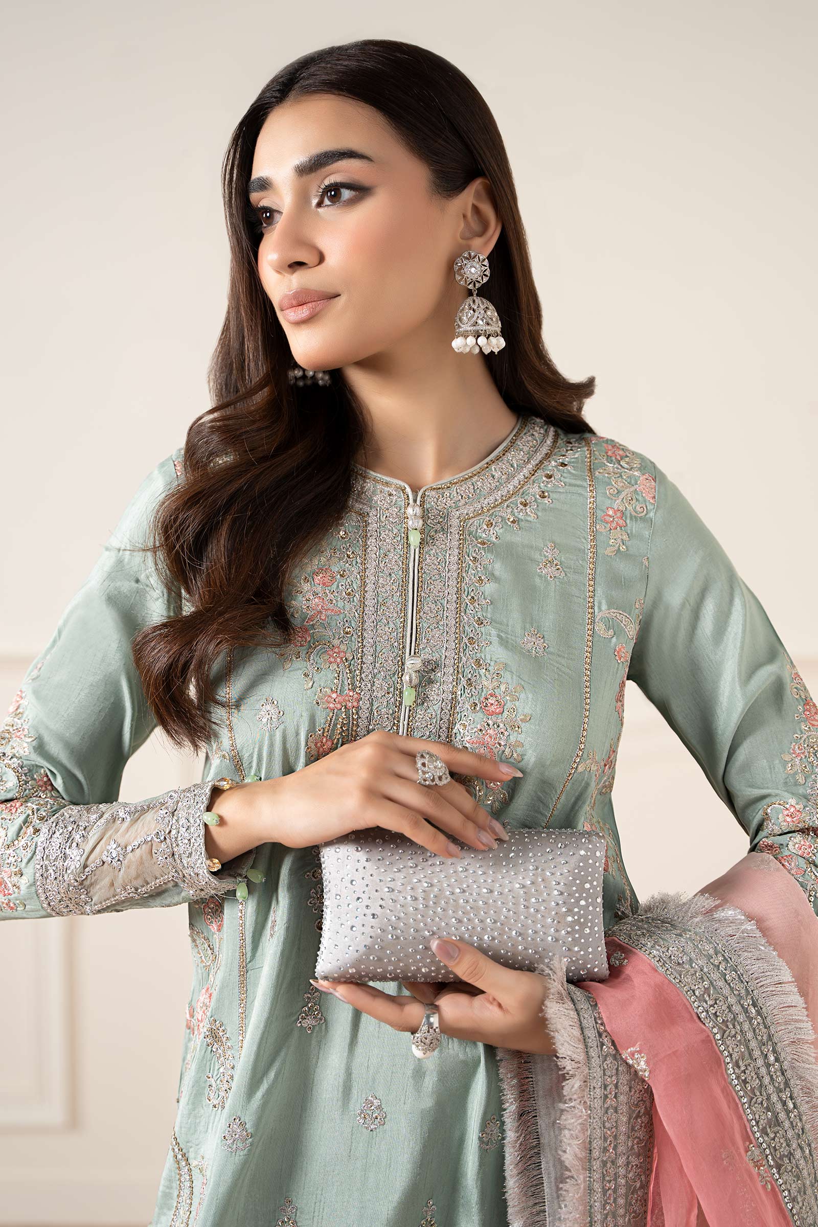 Maria B | Pre Fall Dresses | 3 Piece Embroidered Raw Silk Suit Sea Green - House Of Hania