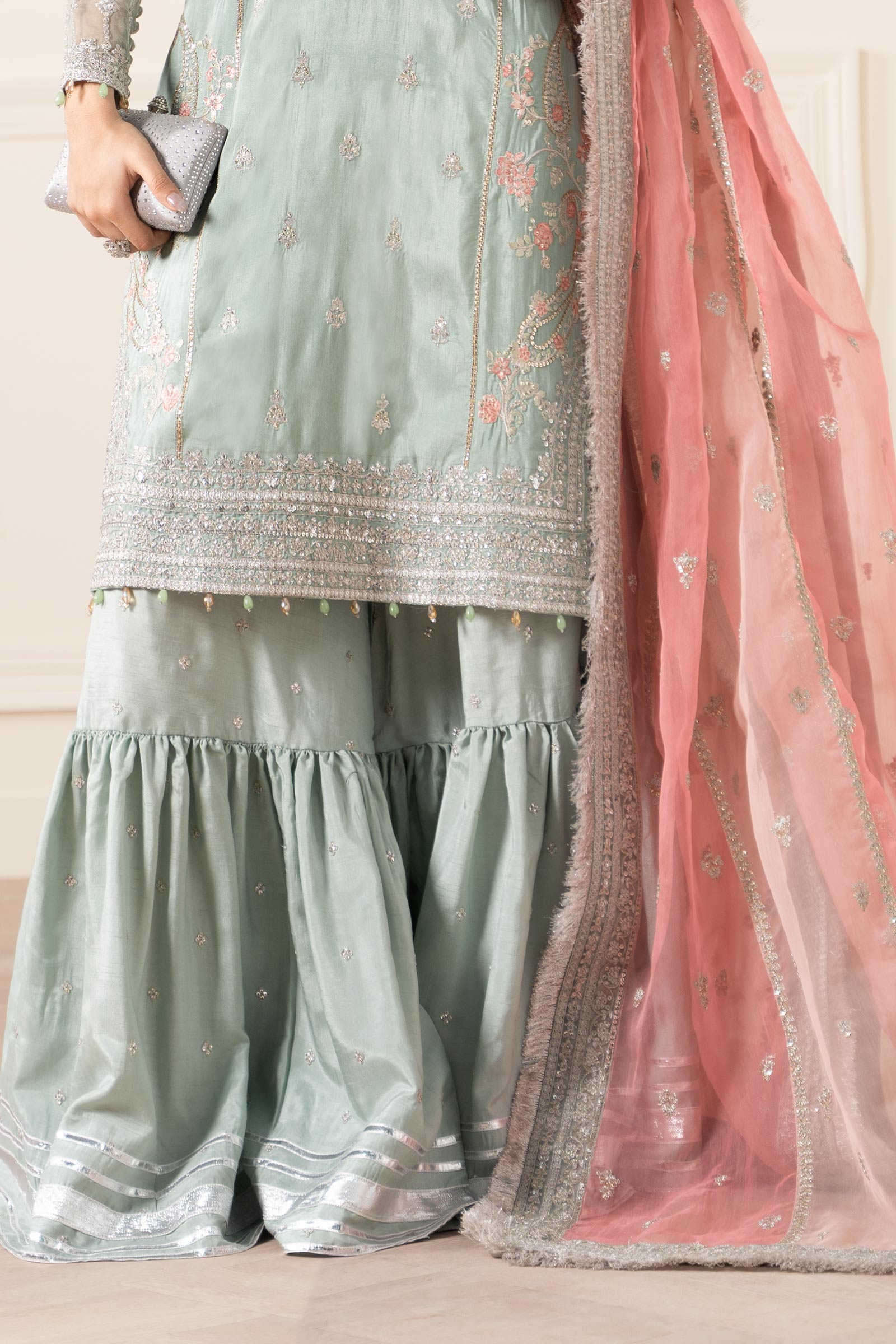 Maria B | Pre Fall Dresses | 3 Piece Embroidered Raw Silk Suit Sea Green - House Of Hania