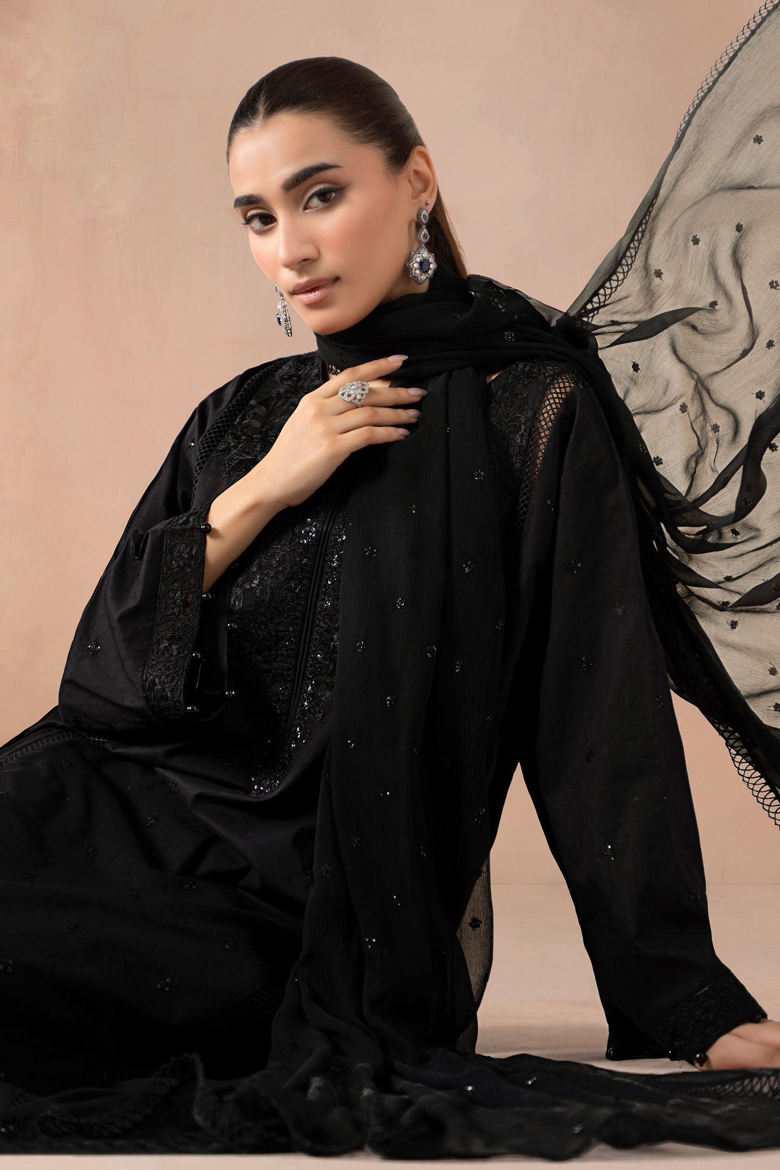 Maria B | Pre Fall Dresses | 3 Piece Embroidered Self Jacquard Suit Black1 - House Of Hania