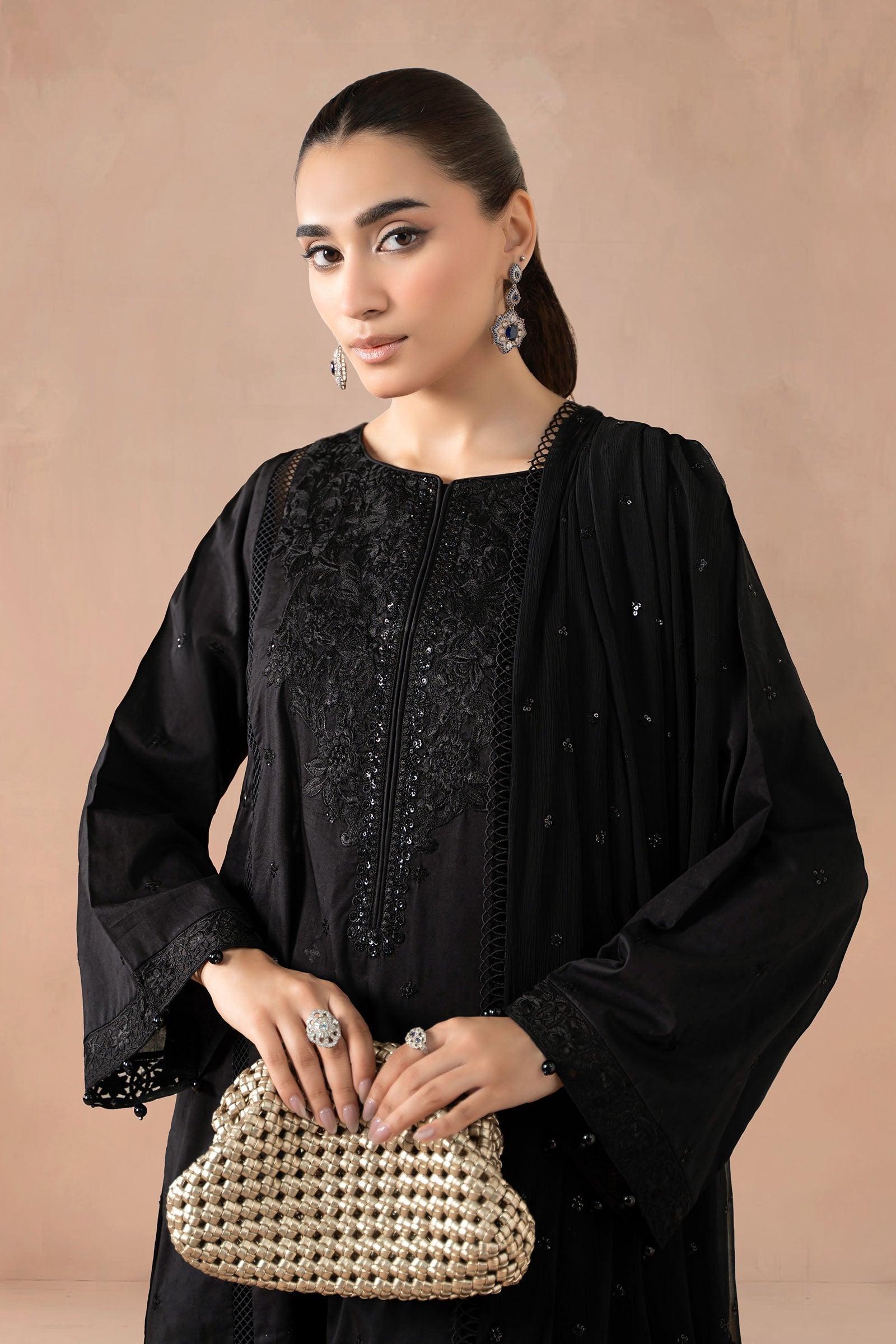 Maria B | Pre Fall Dresses | 3 Piece Embroidered Self Jacquard Suit Black1 - House Of Hania